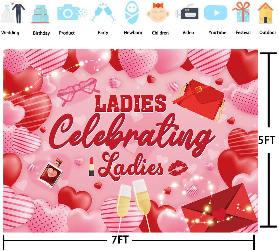 7x5FT 210x150cm Galentines Day Photo Backdrop Pink Love Heart Lady Party