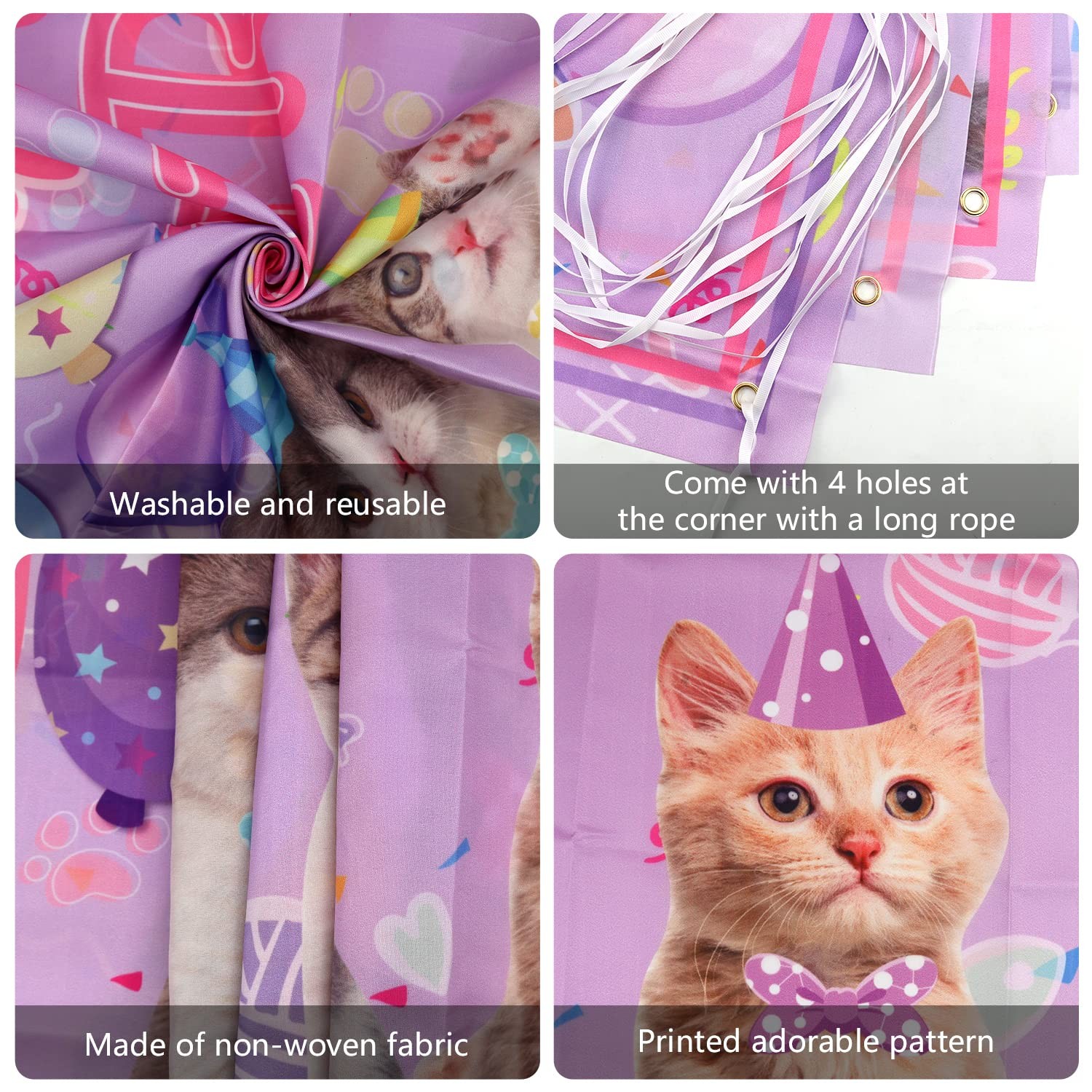 Cat Party Decoration Supplies – Happy Birthday 72 x 47 inches, Pink