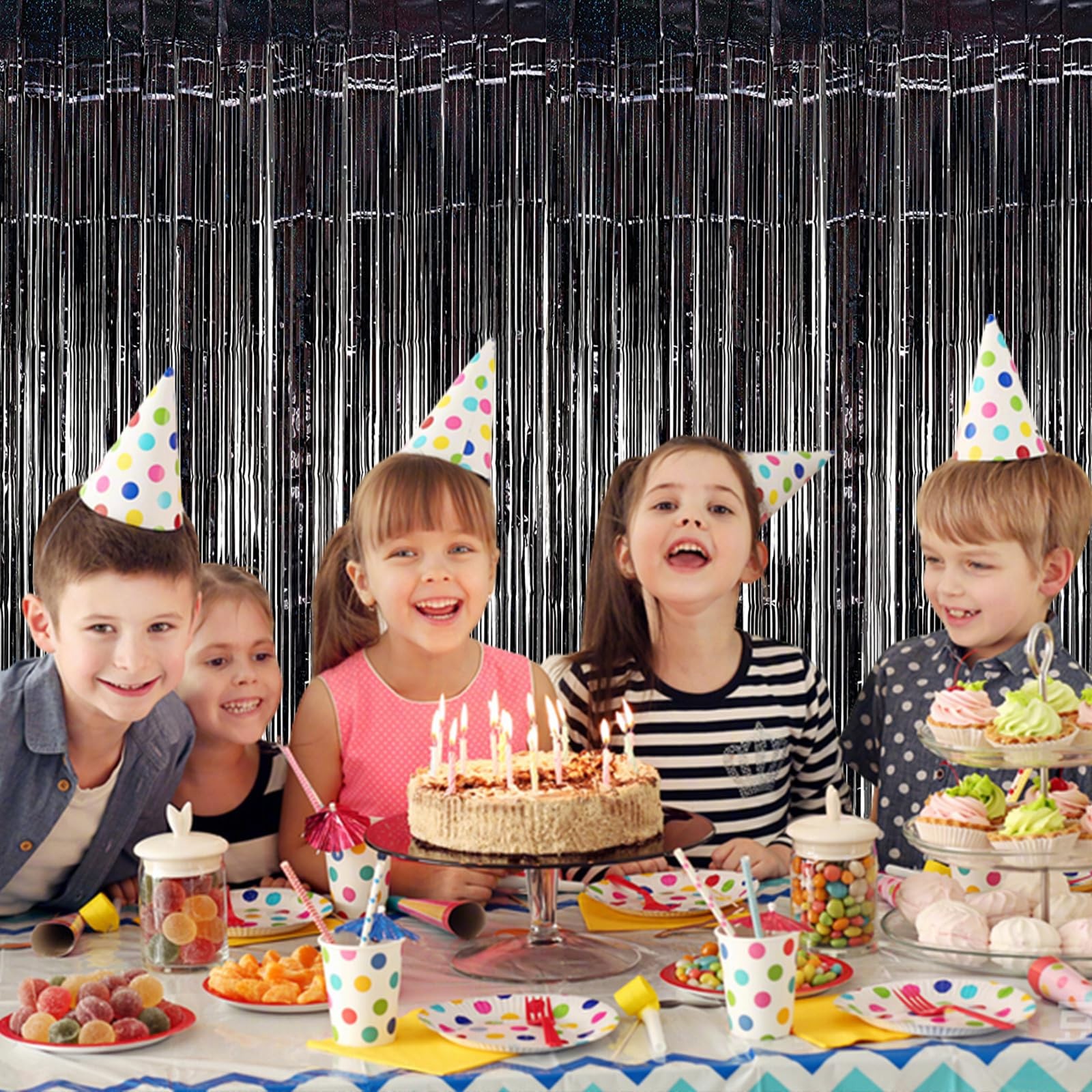 10 PCS Black Foil Curtain Backdrop 3.2×6.6ft Glittering Metallic Tinsel