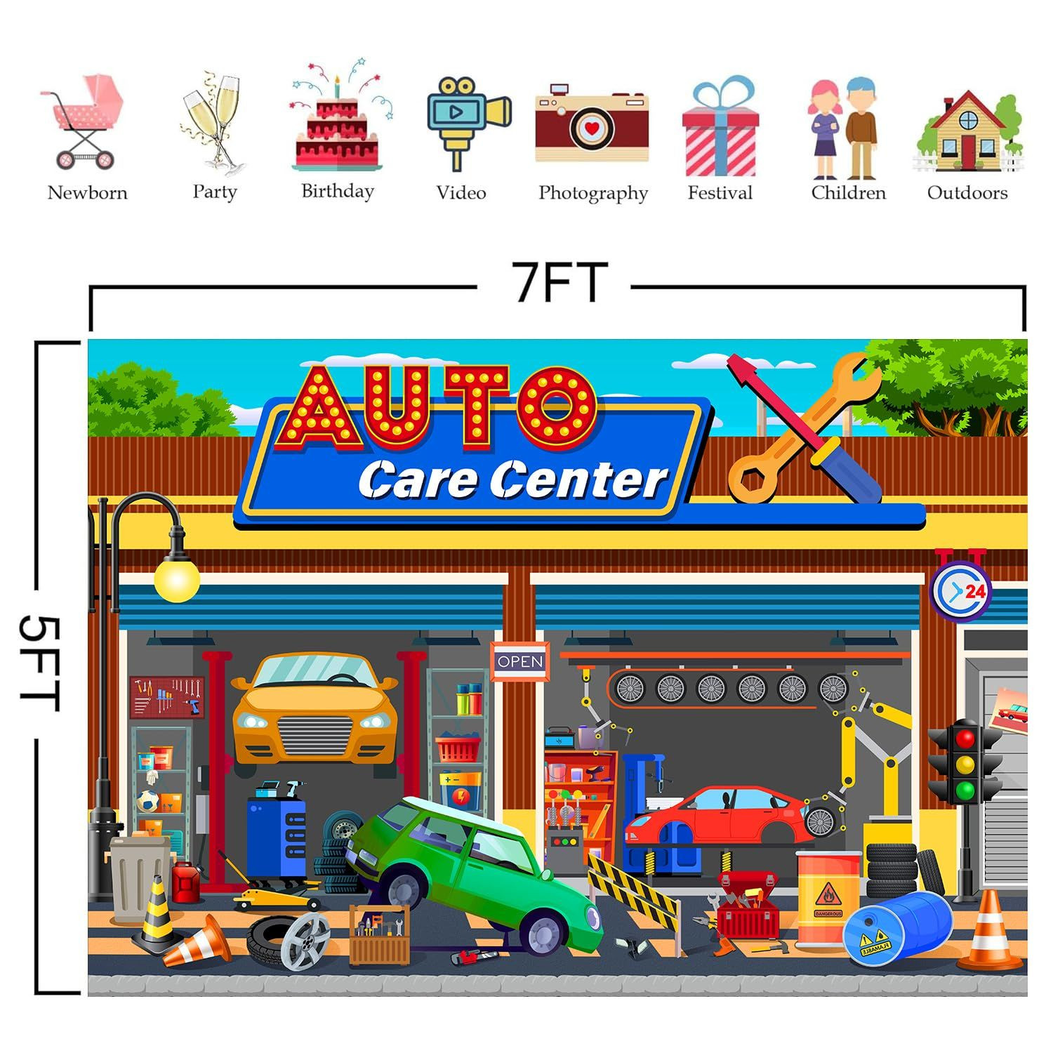 HANYING Cartoon Auto Repair Shop Backdrop for Boy Birthday 7x5ft, colorful