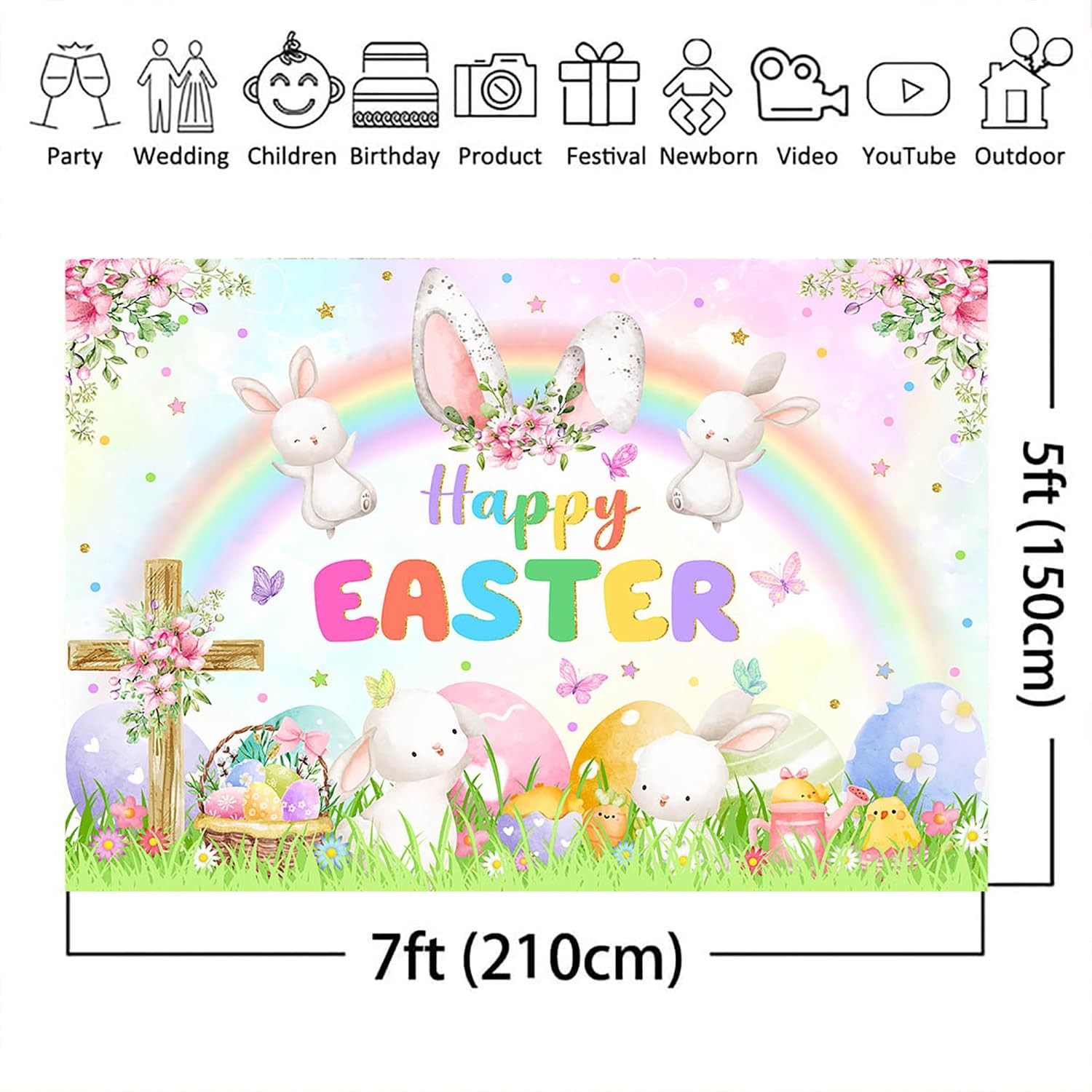 7x5ft Spring Easter Backdrop Banner Spring Rainbow Garden Happy Easter Backgroun
