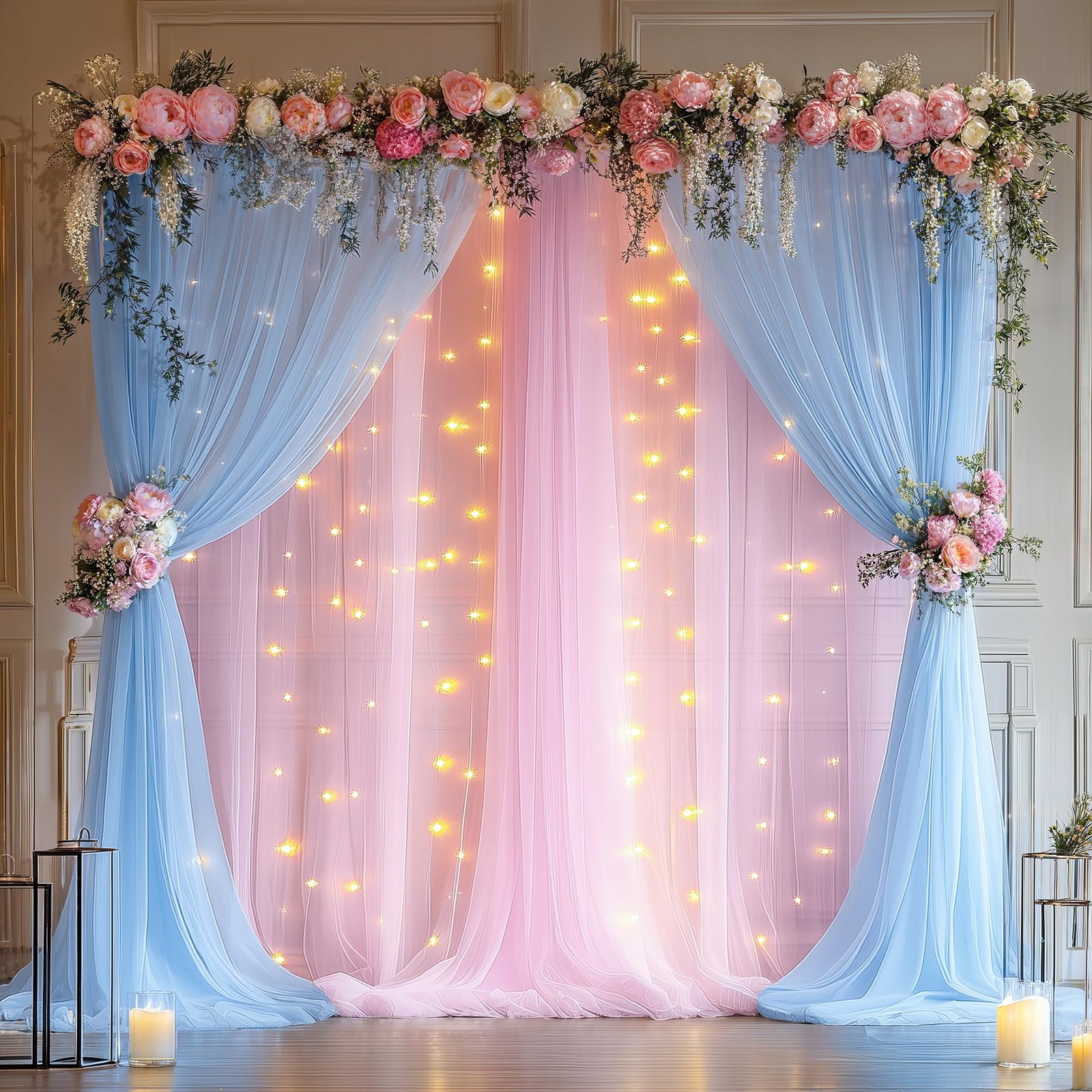 10×10ft Pink Blue Tulle Backdrop Curtain with Lights String for Parties, Shee…