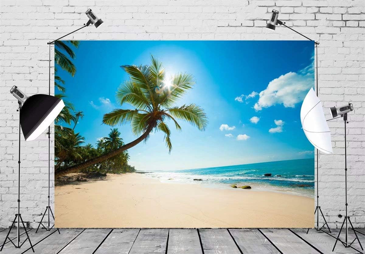 7X5Ft Fabric Tropical Beach Backdrop Background Summer Seaside Sand Beach Palm T