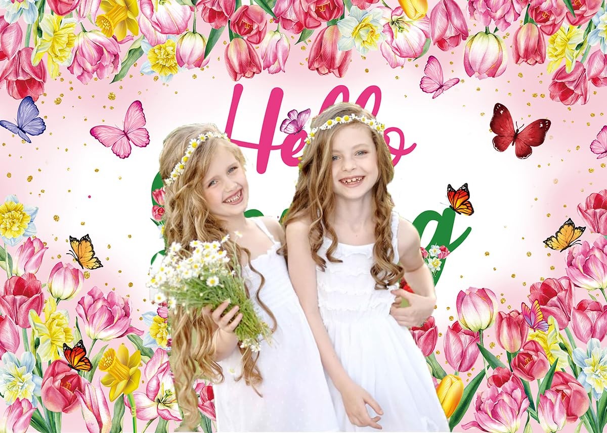 Hello Spring Backdrop Flower Butterfly Photography 7x5FT（210x150cm）, Pink