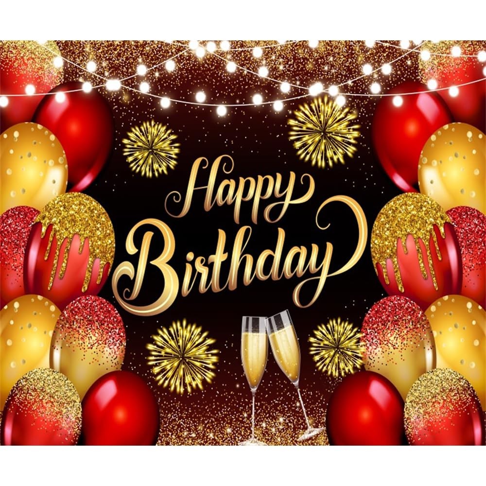 Red Gold Happy Birthday Backdrop 10x8ft Photography Background Women Party