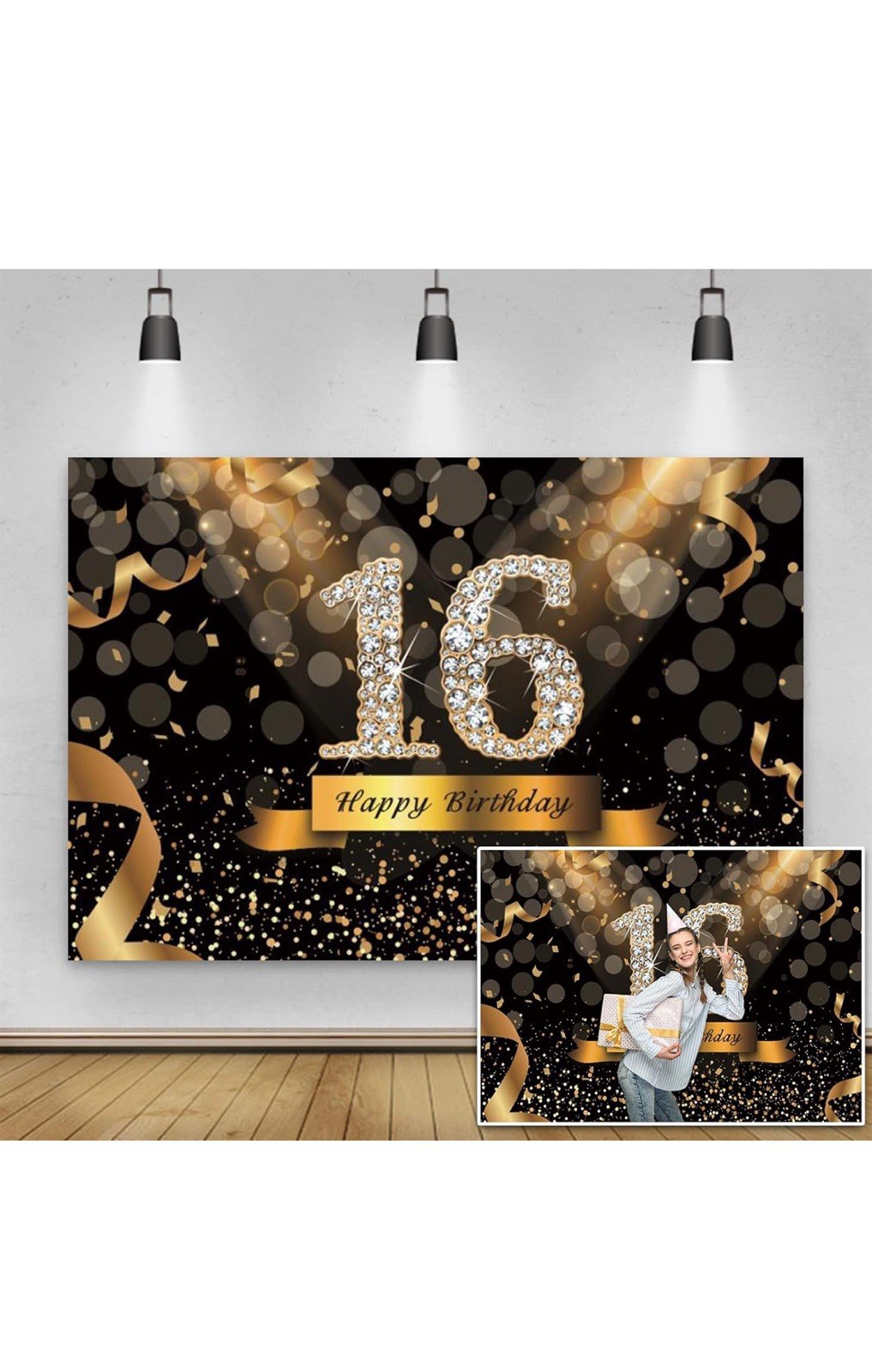 Black Gold 16th Happy Birthday Backdrop Gold Glitter Photography Background