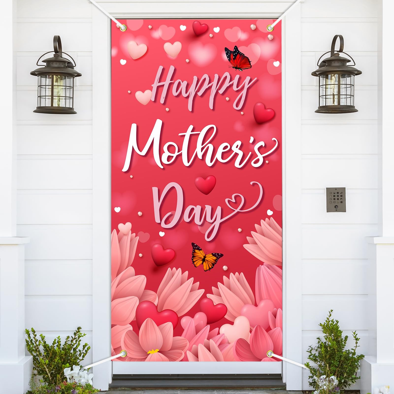 Happy Mother’s Day Door Cover Pink Heart Flowers Mom Gifts for Indoor Decoration