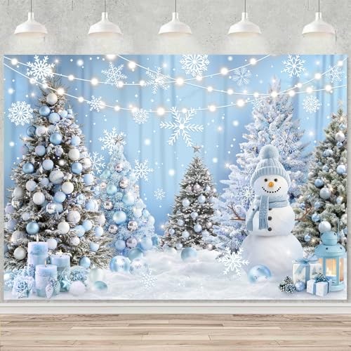 Blue Snowflake Backdrop for Winter Wonderland – 6x4ft Snowy Forest Trees