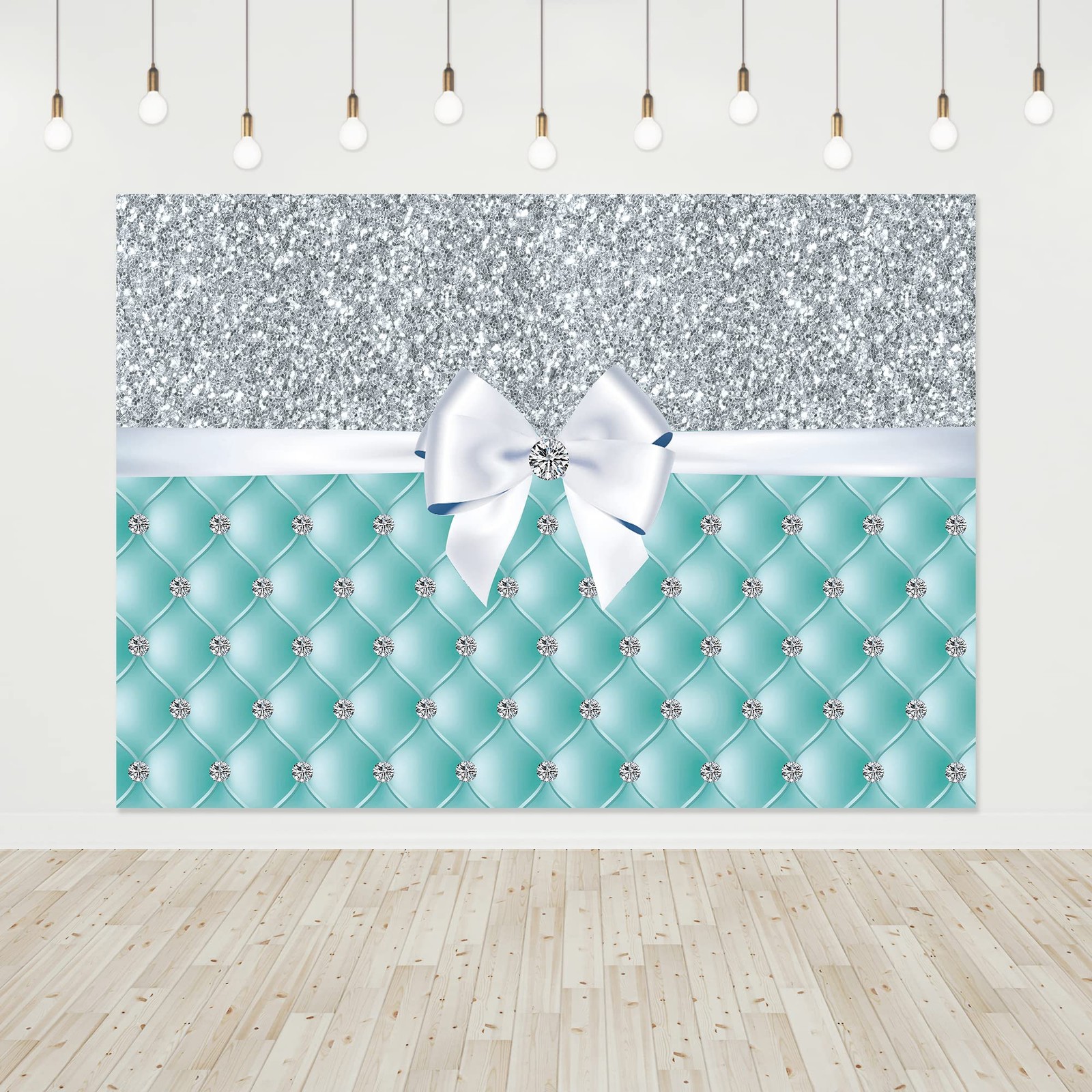 Breakfast Silver Blue Diamonds Bowknot Backdrop 7×5 Feet Teal Bridal Shower W…