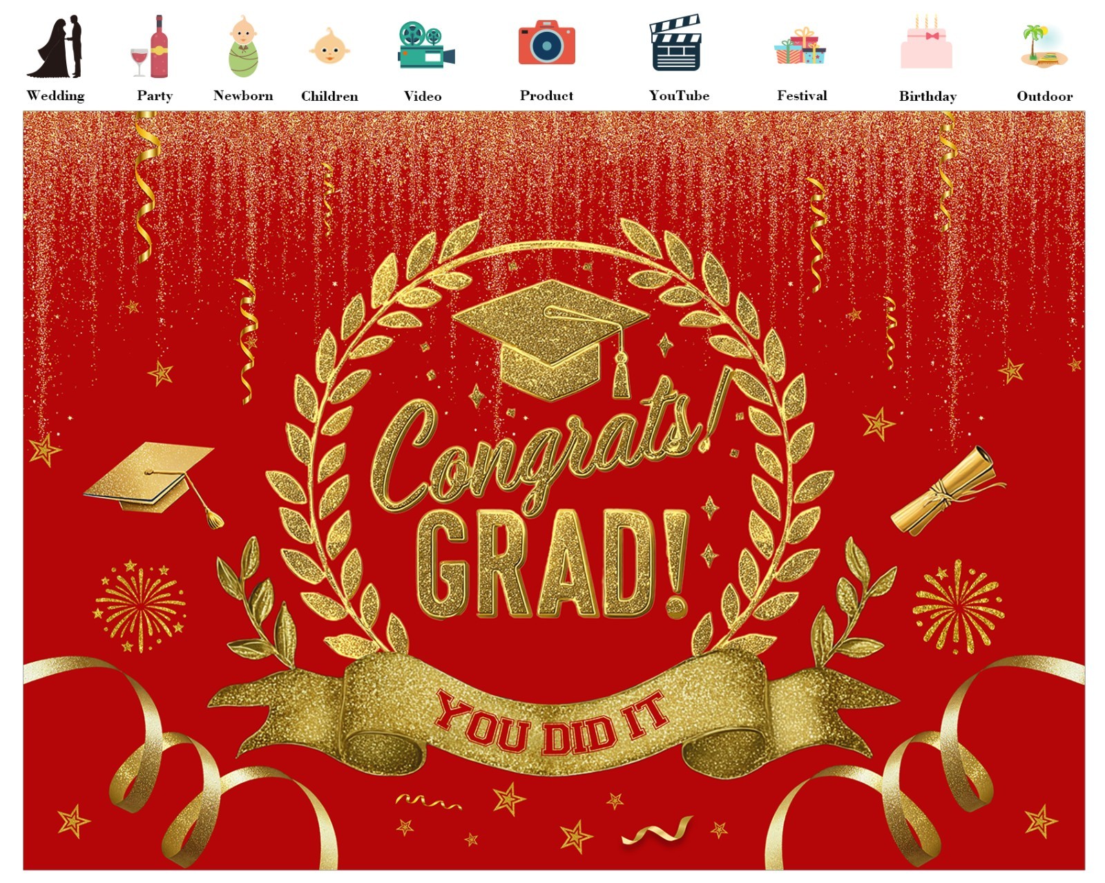 10x8ft 2026 Graduation Backdrop Banner Red Gold Congrats Grad Photo Background