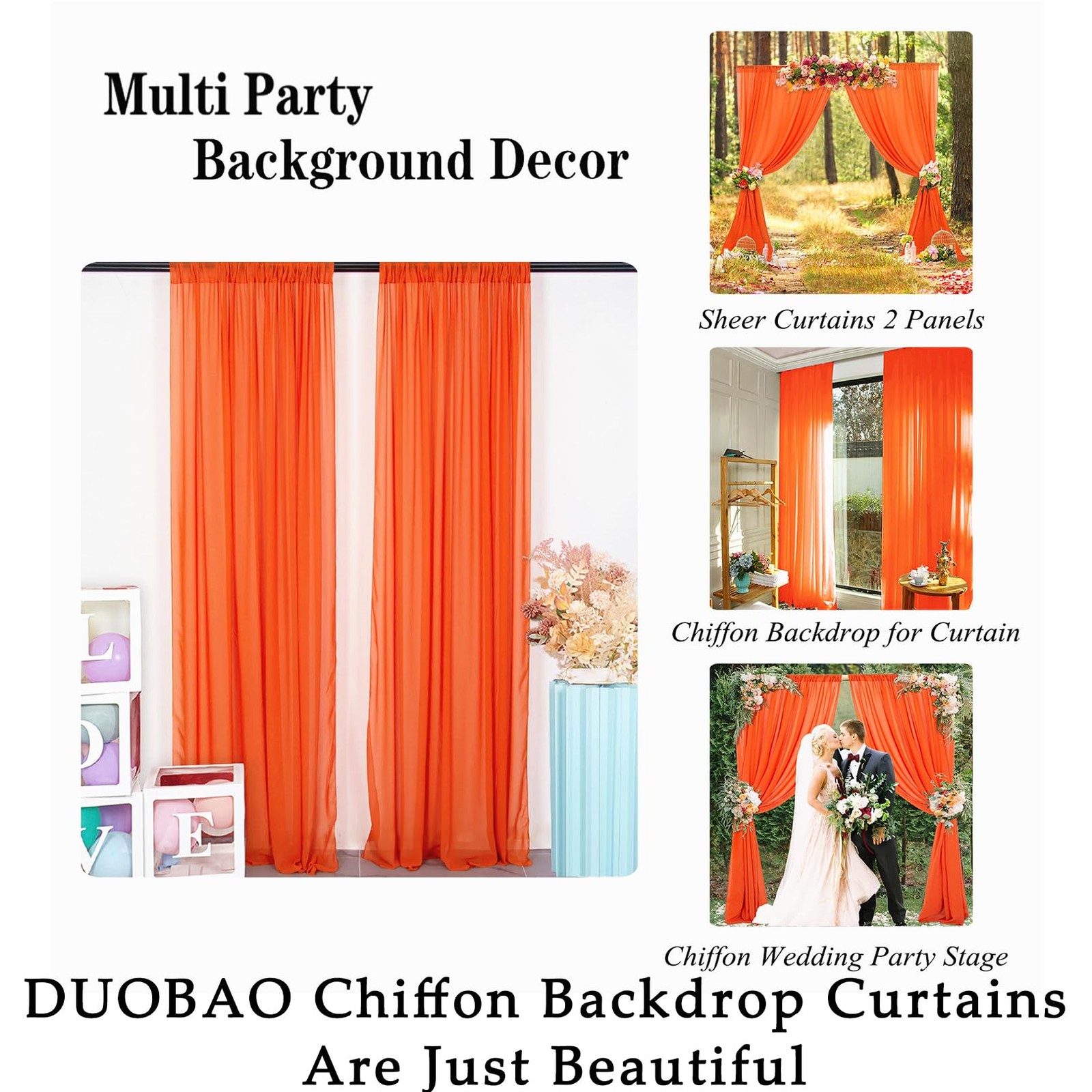 Orange Chiffon Backdrop Curtain Sheer Fabric Drapes Wedding 2 Panels 10FT
