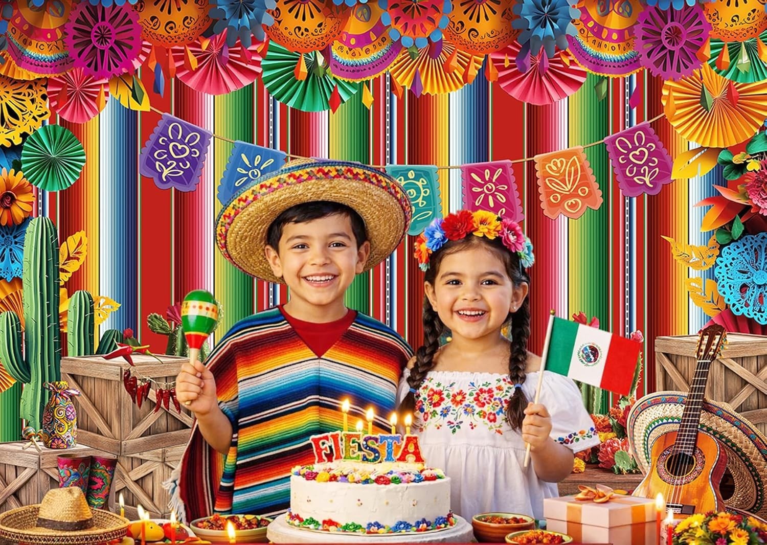 7x5ft Mexican Fiesta Backdrop Paper Flowers Photography Background 331