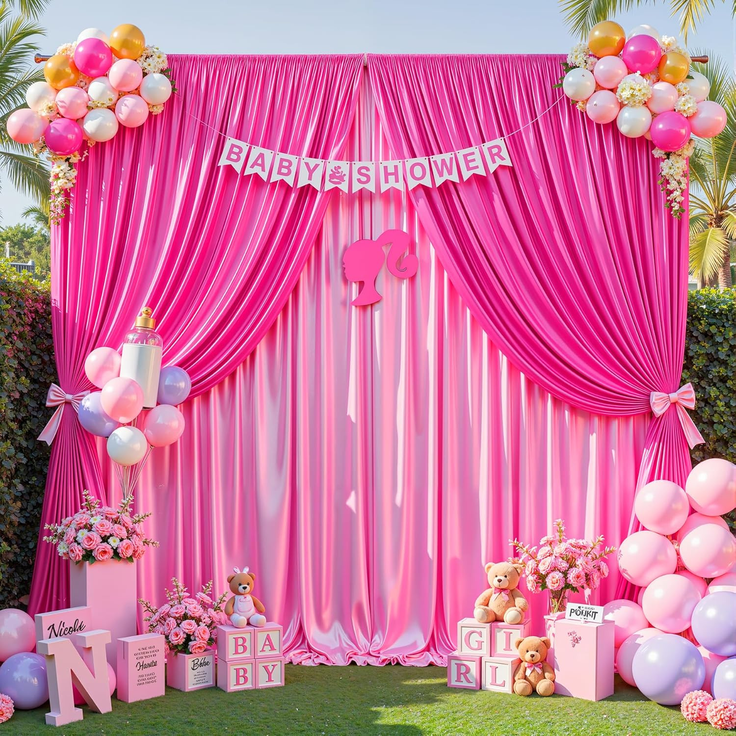 30X10Ft Hot Pink Glitter Backdrop Curtain for Parties, Wrinkle Free Satin Photo