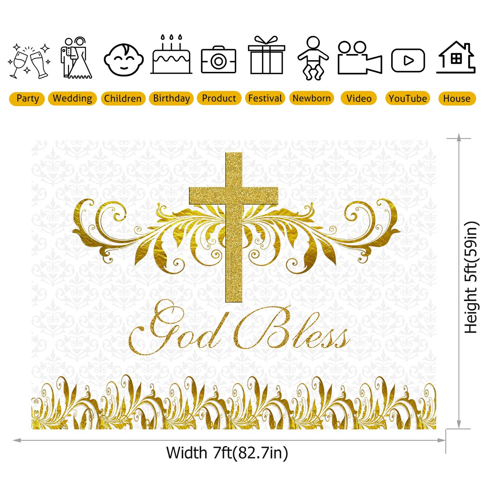 7x5ft God Bless Backdrop Baptism Holy Communion Gold White Floral Decor