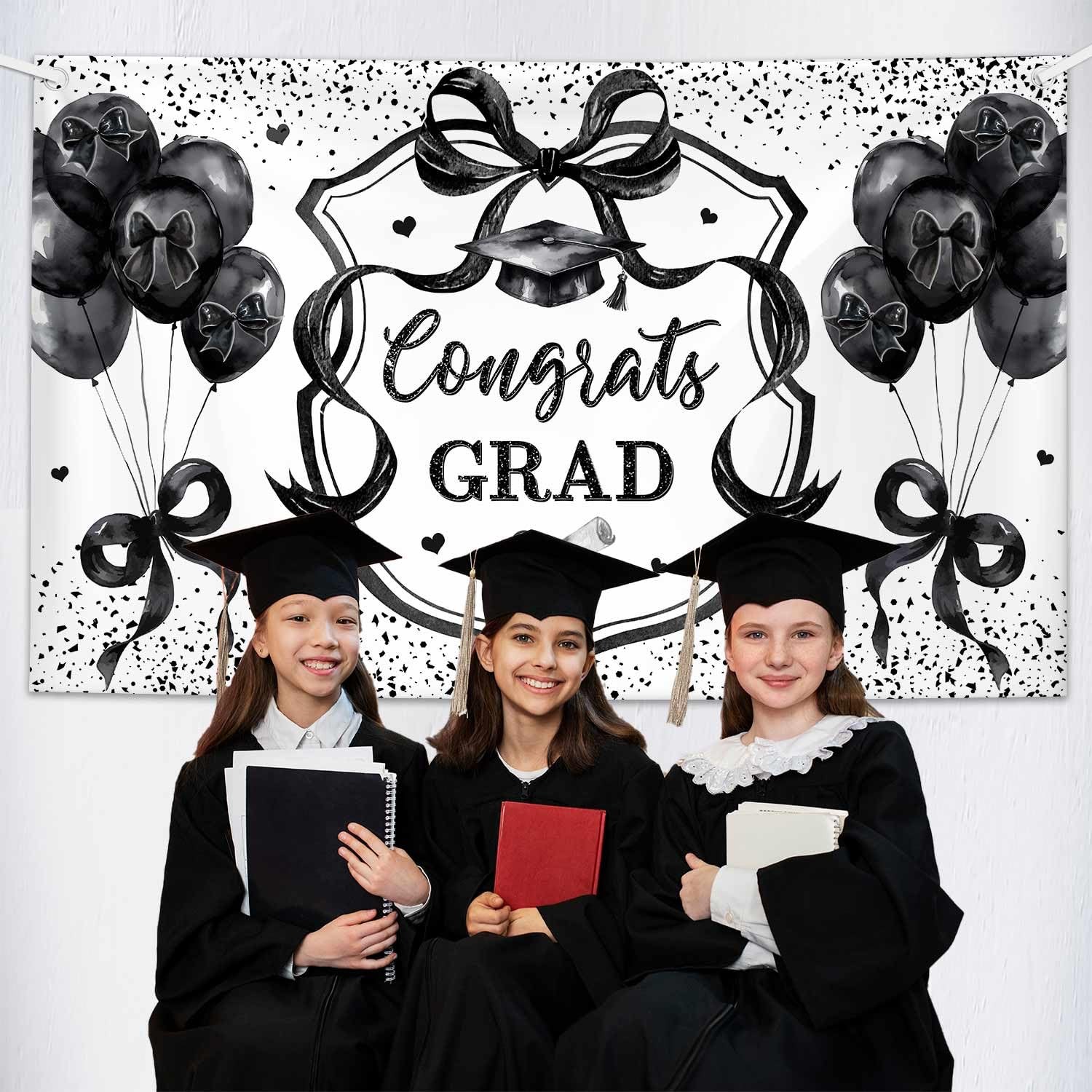 Coquette Congrats Grad Backdrop Black Bow 2026 Graduation Photography Background