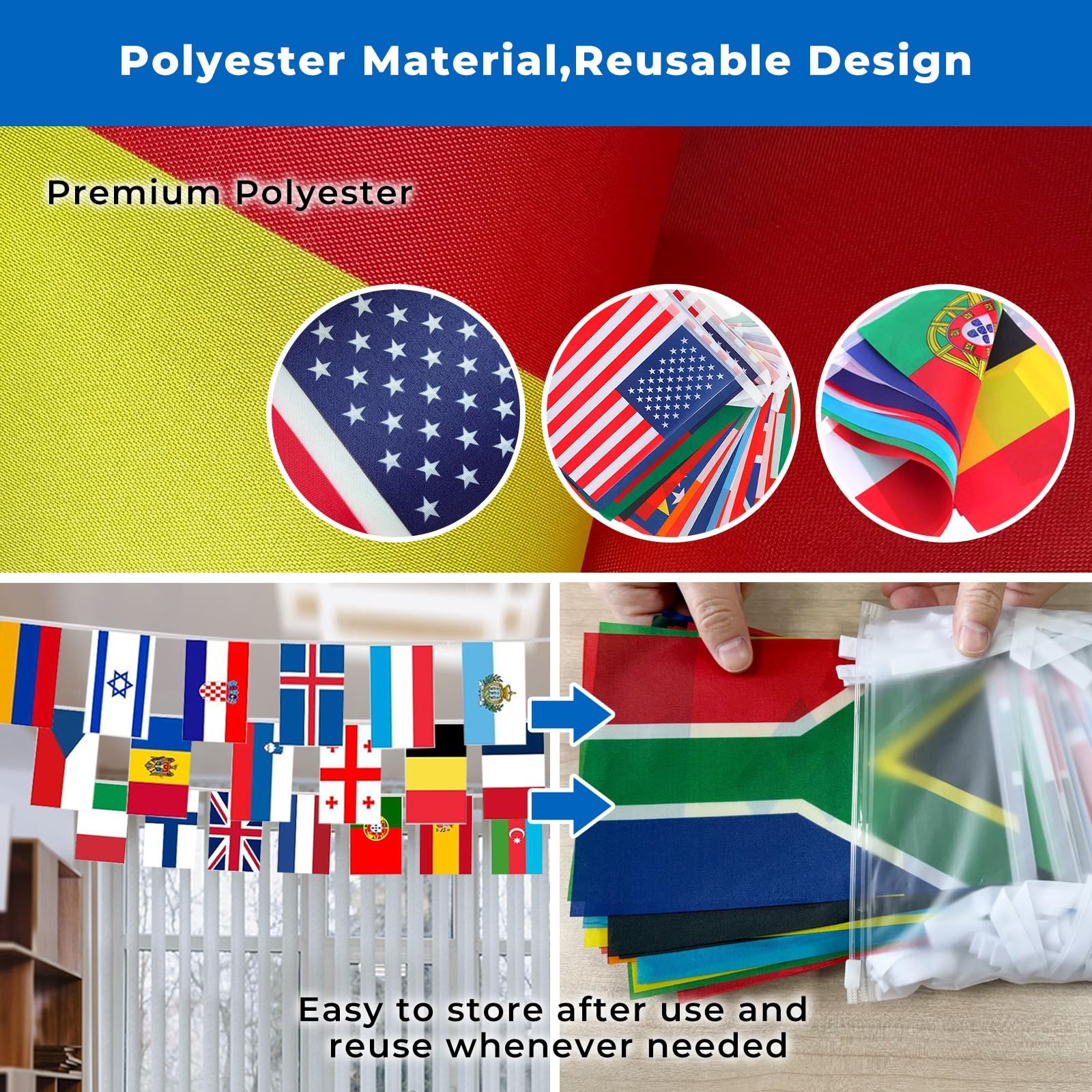200 Country Flags Banner 190ft, Pre-Strung Reusable Polyester Flags of the Wo