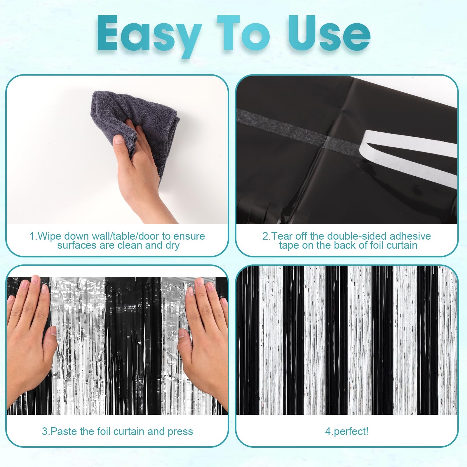 3 PCS 3.3×8.2 Ft Black Silver Foil Fringe Backdrop Curtains Tinsel Decor