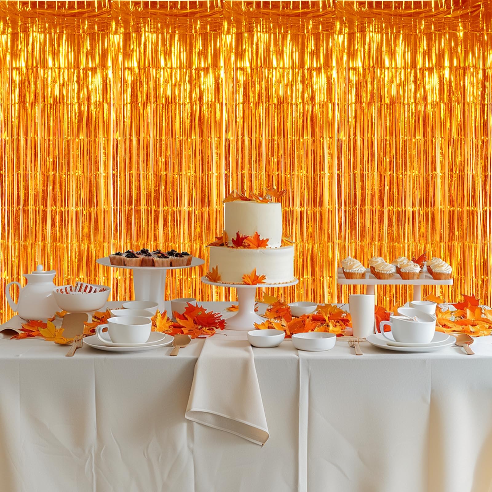 Orange Door Streamers Metallic Foil Fringe Curtains Backdrop 9.9×6.6 Ft 3 PCS