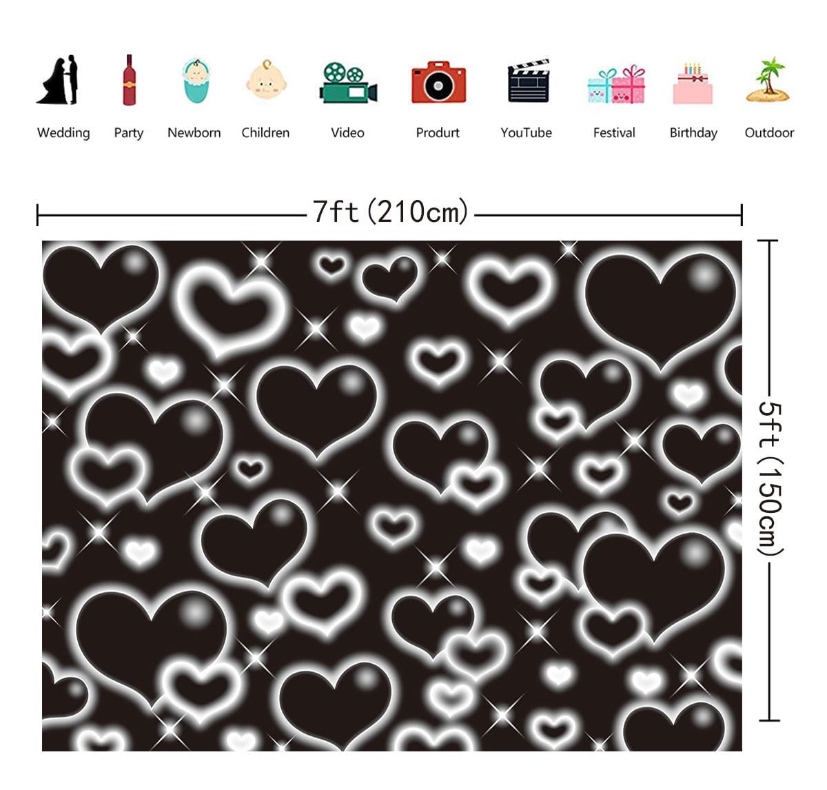 Black Heart Party Photo Backdrop 7x5FT Early 2000s Backdrops for 7x5FT,