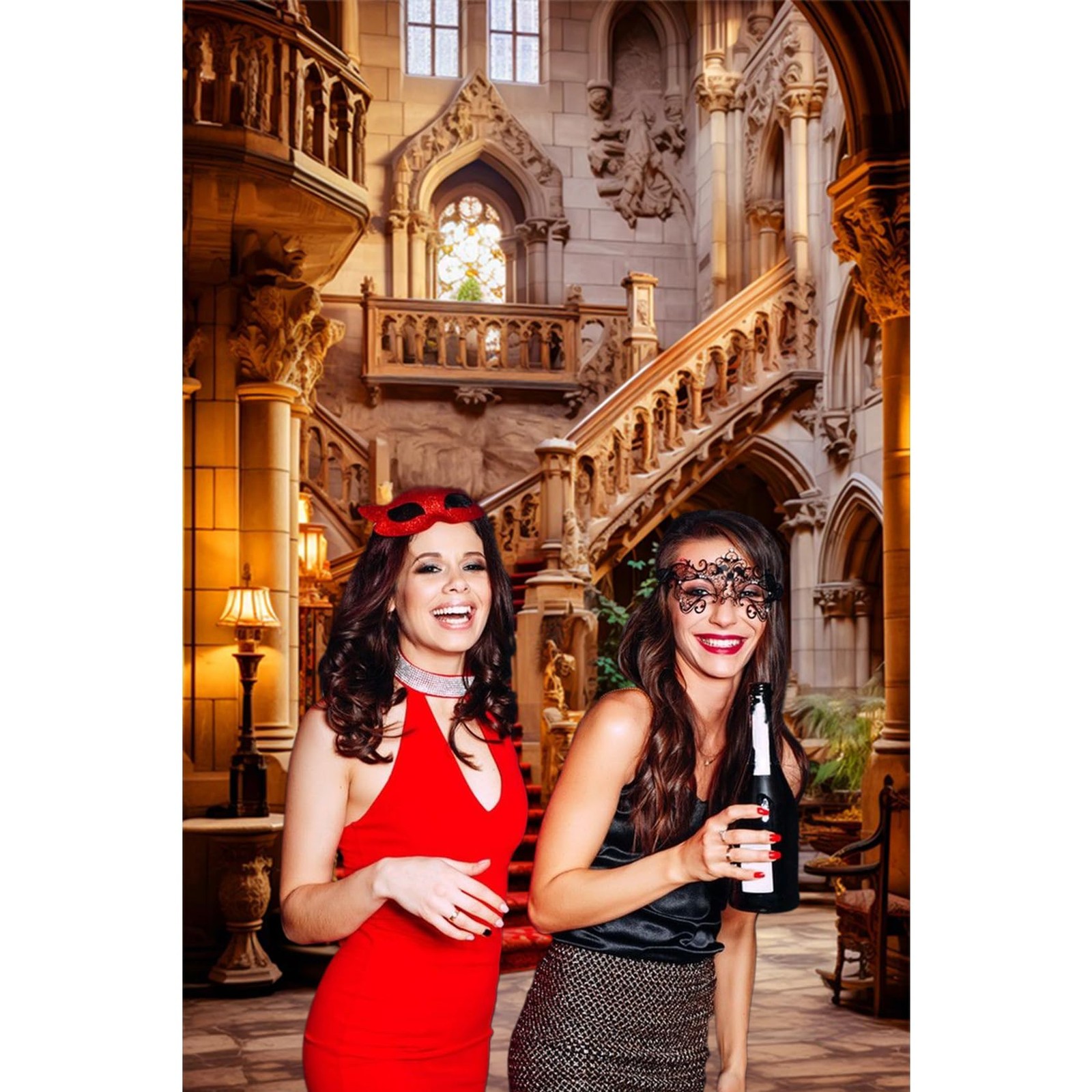 Elegant Ancient European Red Staircase Studio Photography Background 8x10ft