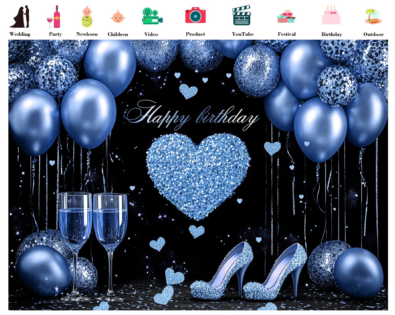 10x8ft Blue High Heels Love Heart Birthday Black Photo Background Studio Props