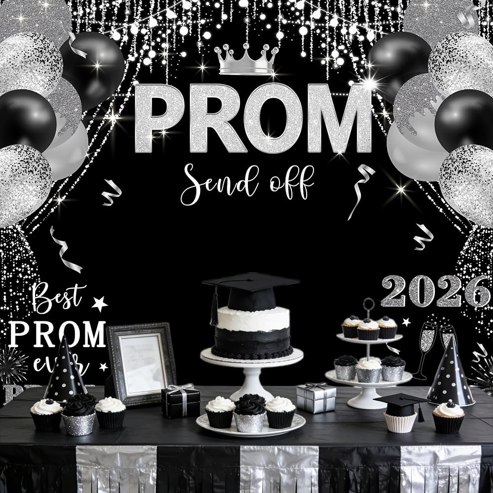 Prom 2026 Graduations Backdrop Congrats Grad Banner Black Silver Glitter Balloon