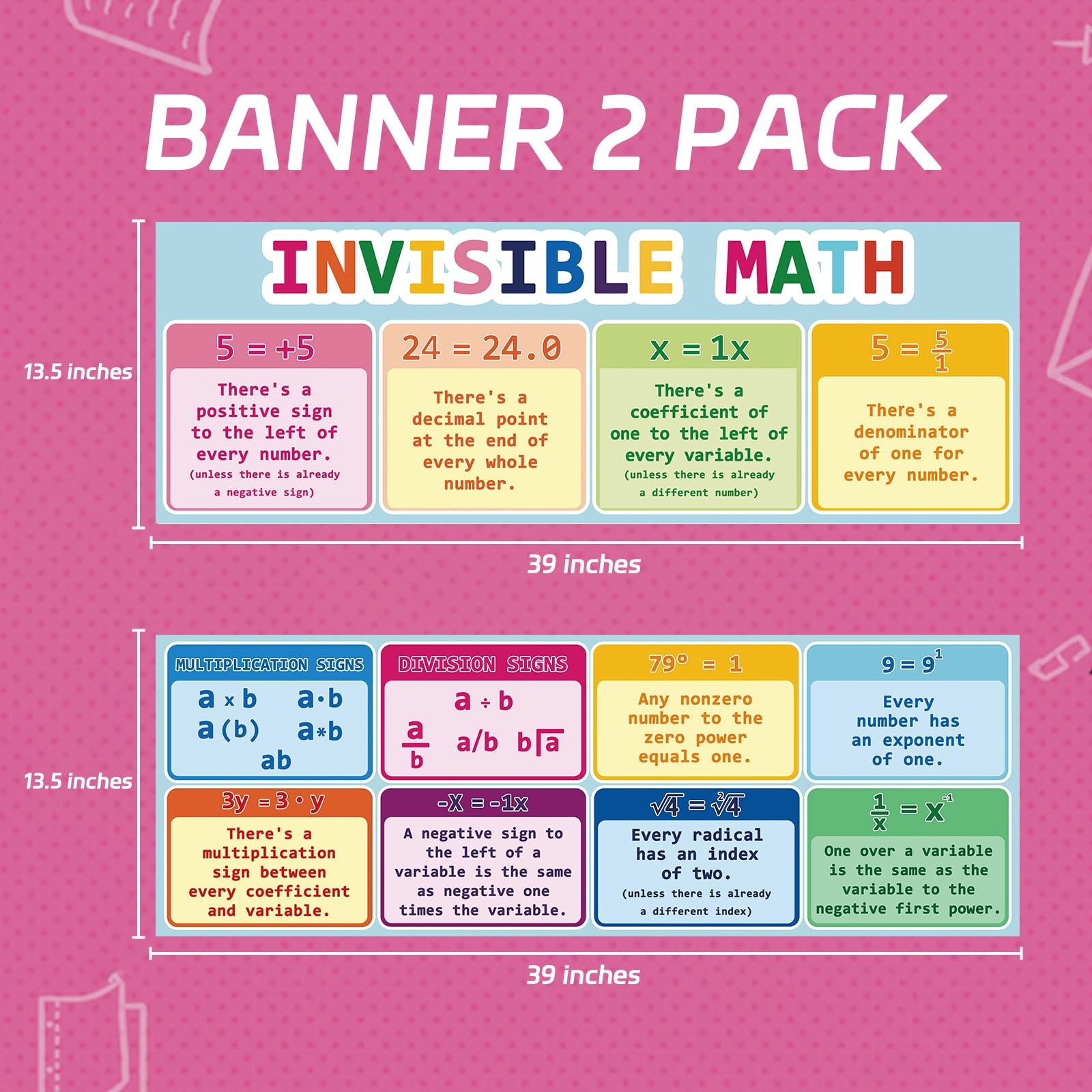 Educational Math Posters for Middle School,Laminated 2 PCS Large Invisible Ma…