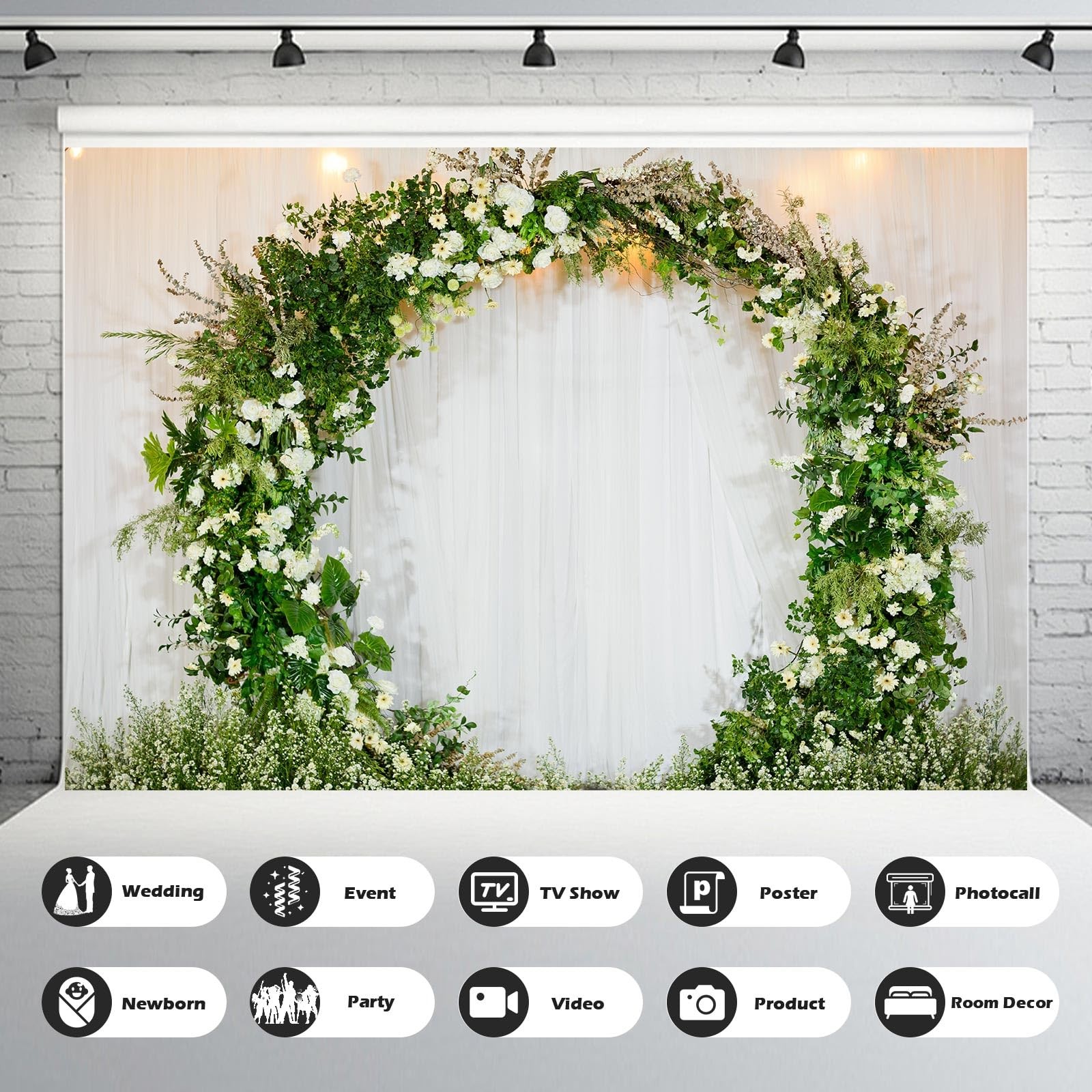 7x5ft Wedding Flower Backdrop White Fabric Round Arch Greenery Background