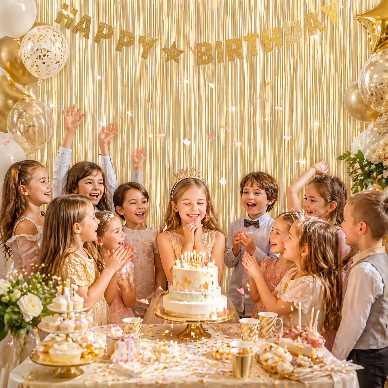 2 PCS Light Gold Backdrop Curtains 6.6×9.8 FT Matte Foil Fringe Streamers