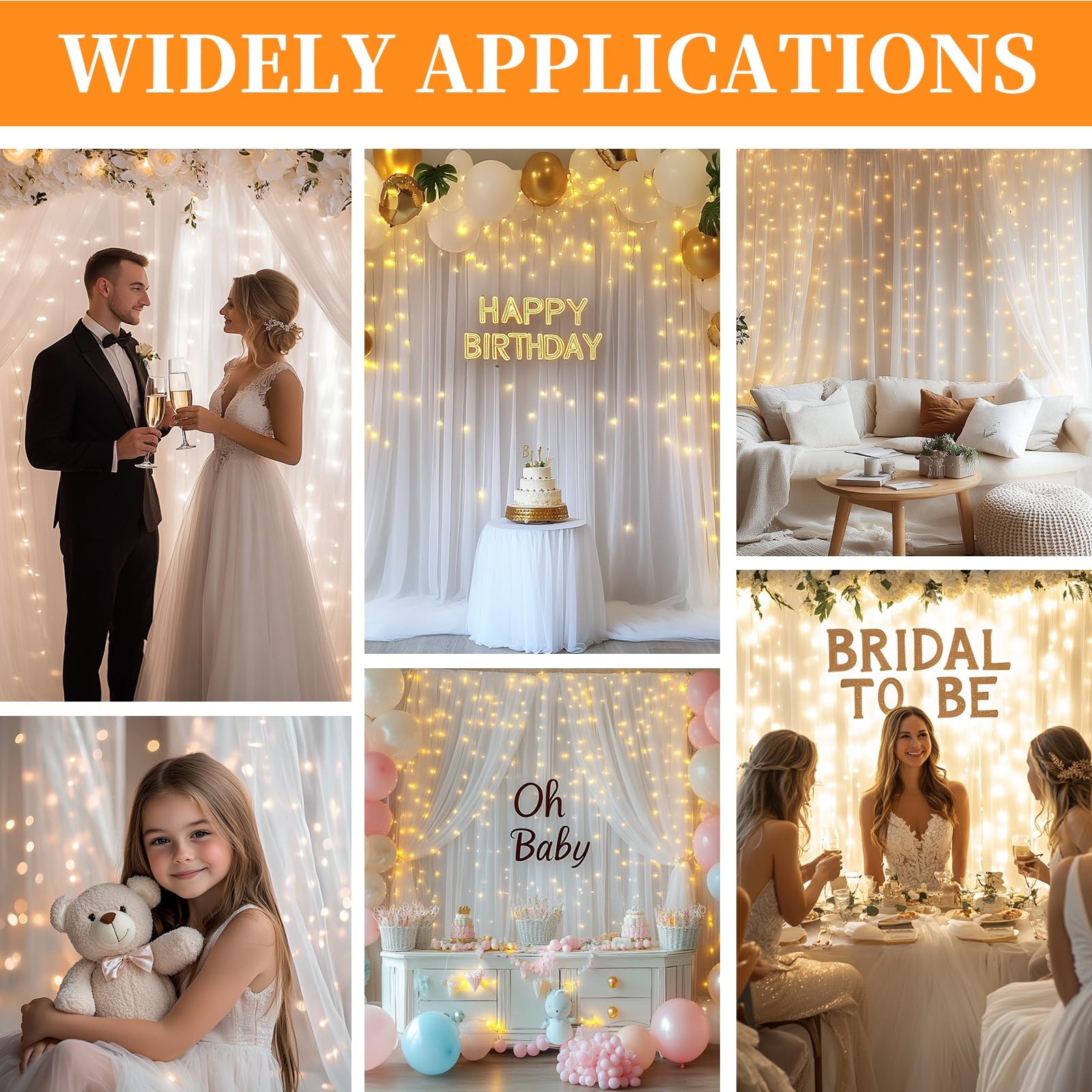 10x10ft White Tulle Backdrop Curtain with String Lights, -Sheer Wedding Backd…