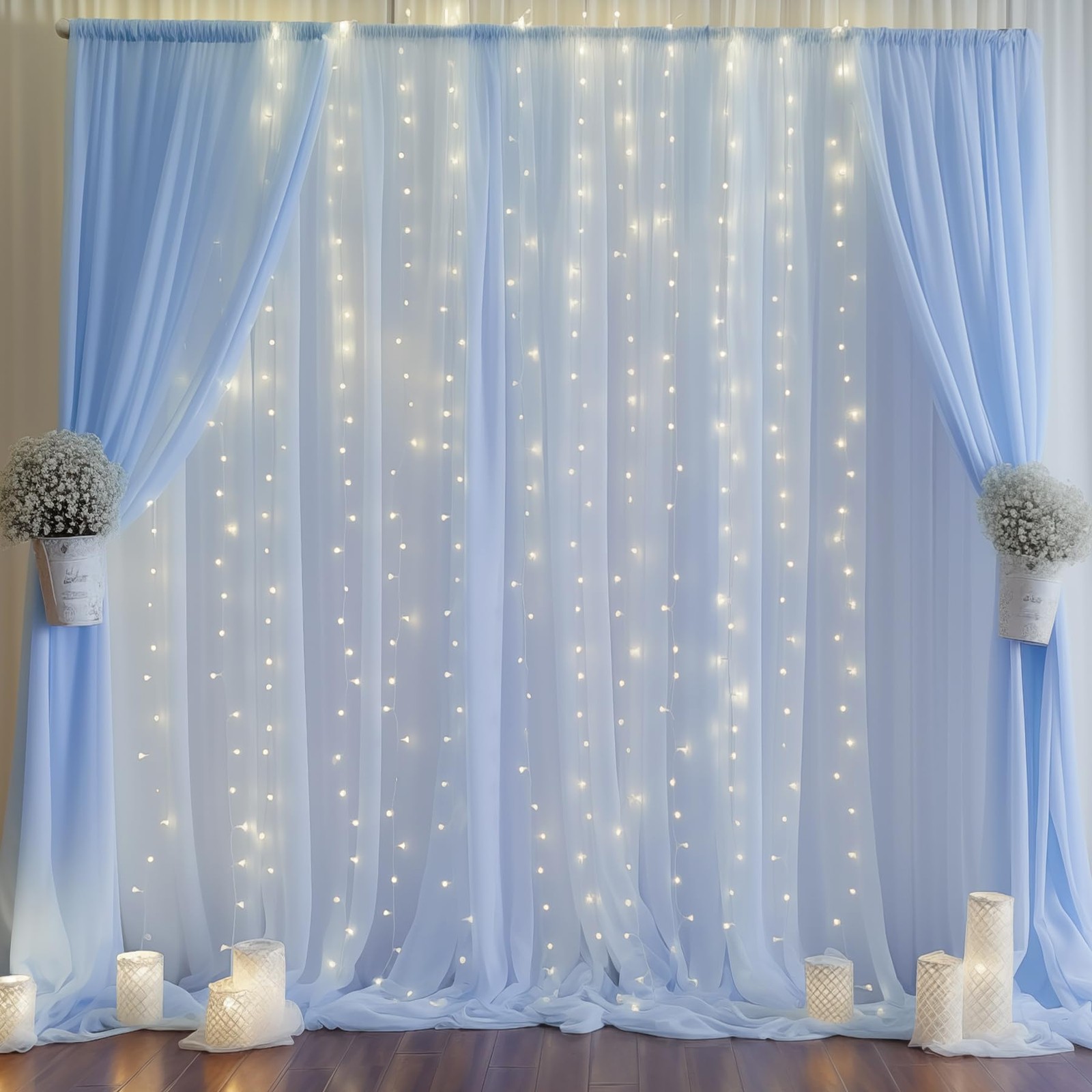 10 x 10 Ft Baby Blue Chiffon Backdrop Curtain Lights String Wedding Photo
