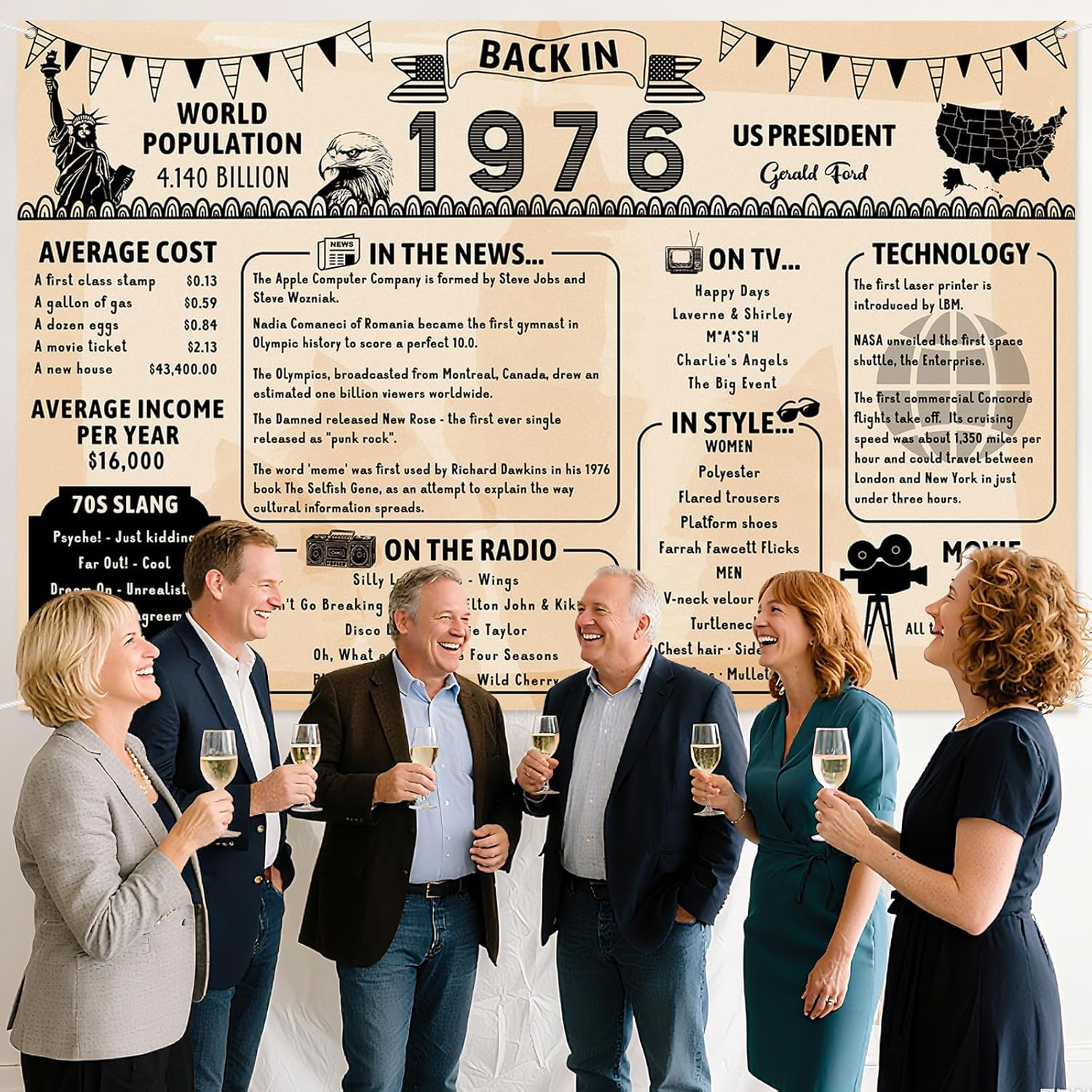 Back in 1976 Backdrop Large Wall Banner, Retro Style Happy 50Th Birthday Wedding