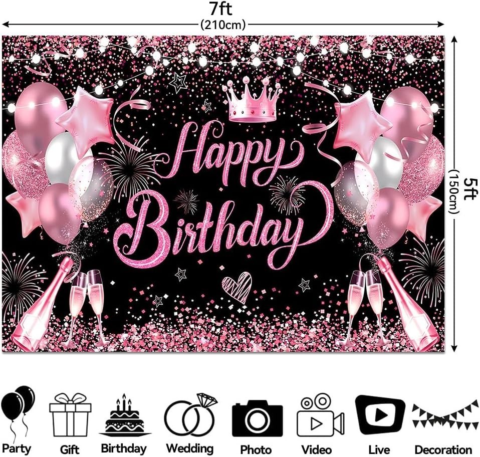 7X5Ft Pink and Black Happy Birthday Backdrop Women Birthday Party Photography