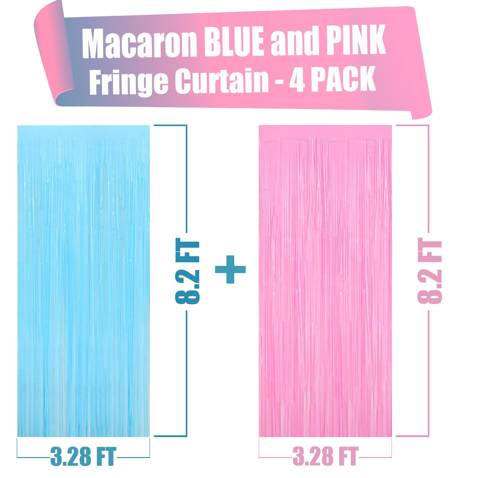 Macaron Pink Blue Metallic Foil Fringe Curtains Gender Reveal Backdrop 4PK