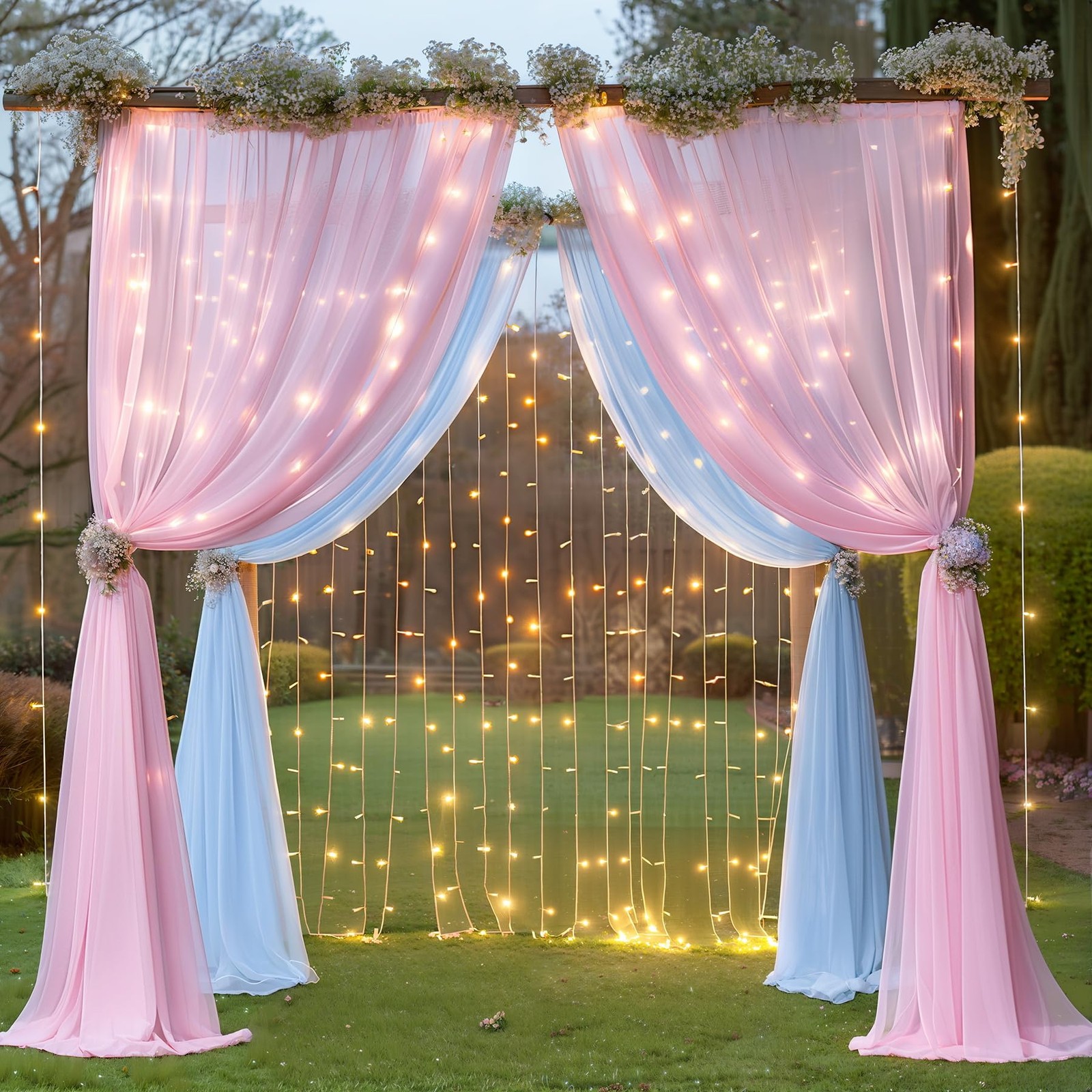 10×10ft Pink Blue Tulle Backdrop Curtain with Lights String for Parties, Shee…