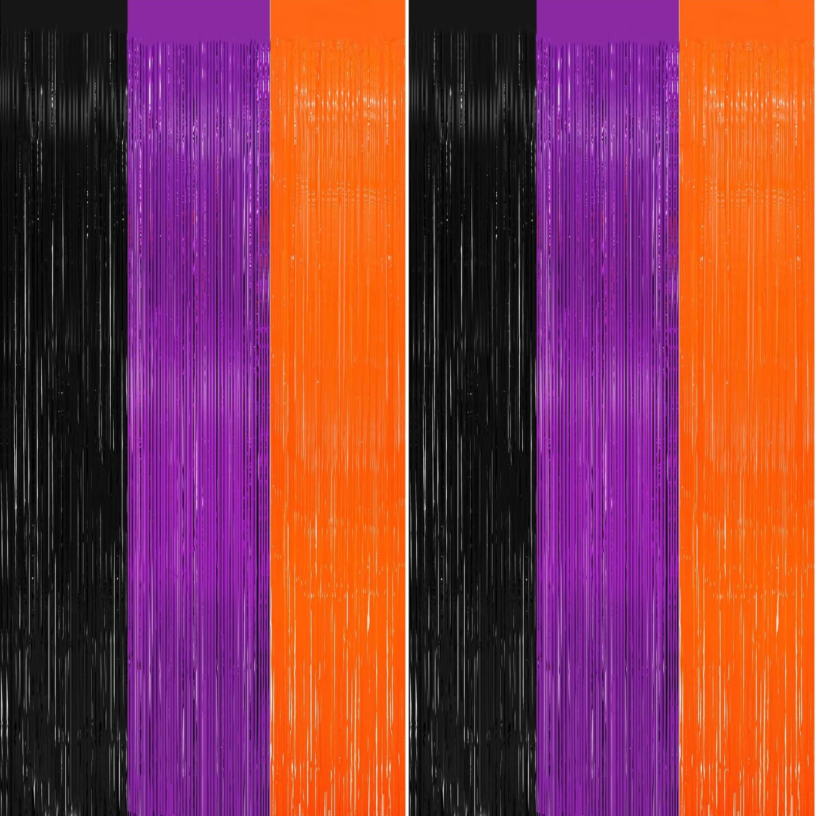 2 Pack Orange Purple Black Halloween Party Decor Foil Fringe Backdrop Curtains