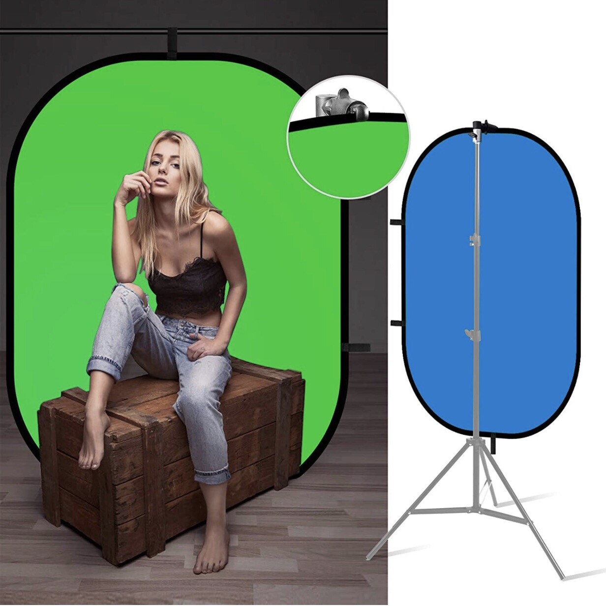 5×6.6ft Blue Green Background Pop Up Photography Backdrop w Clip and Carry Case