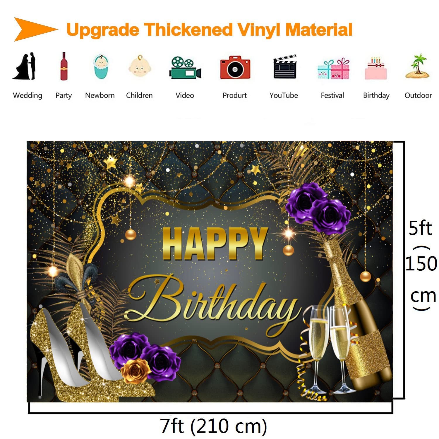 Black and Gold Happy Birthday Backdrop Banner for Women Sequin High Heel Cham…