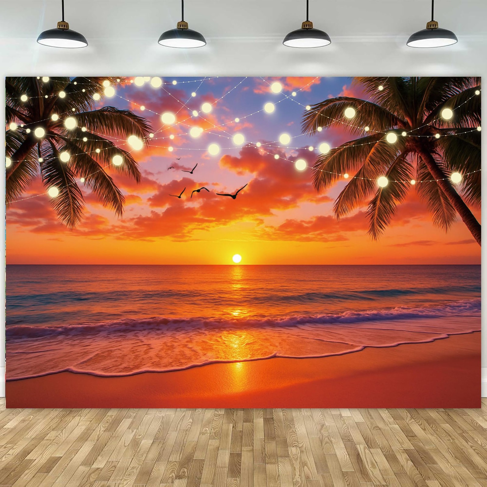 Summer Sunset Beach Backdrop Hawaiian Tropical Palm Leaves Photography 7×5 FT