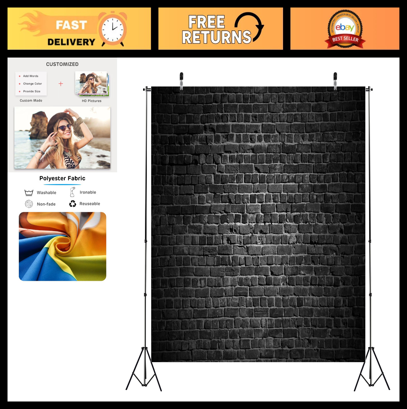 10x10ft Vintage Black Brick Wall Backdrop – Party Decor, Photoshoot, Home Studio