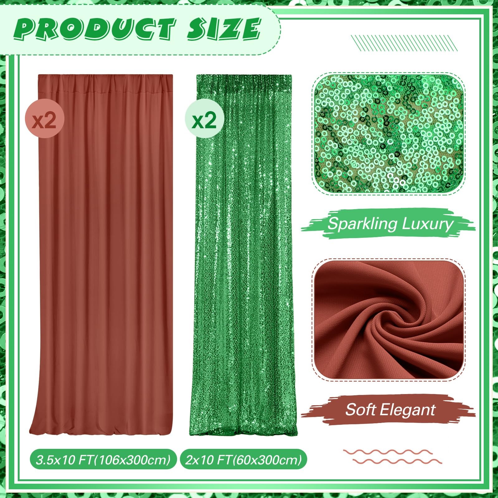 4 Panels Backdrop Curtains 4×10 Ft Sequin 7×10 Ft Chiffon Photo Brown Green