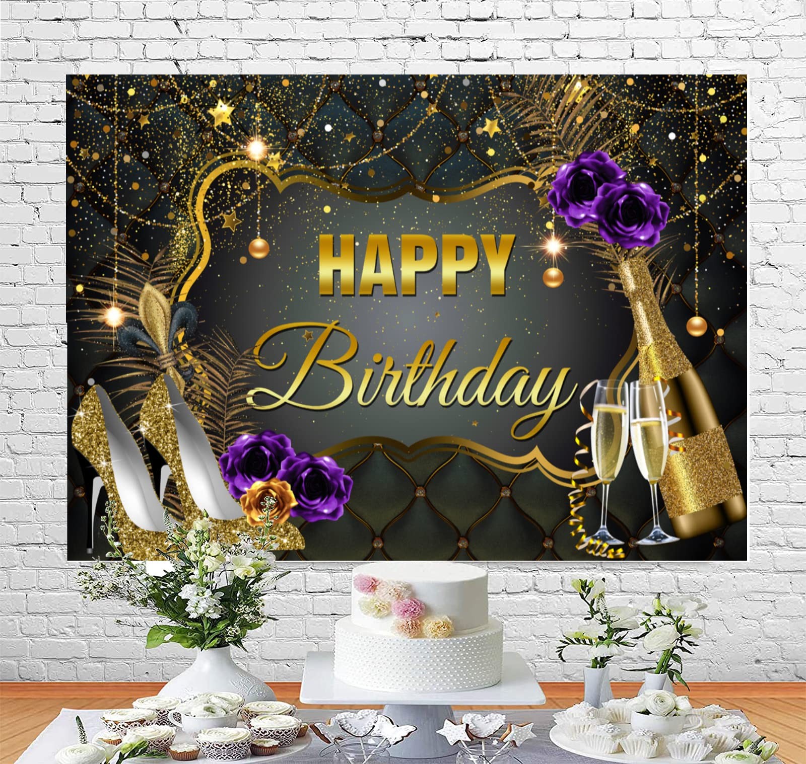Black and Gold Happy Birthday Backdrop Banner for Women Sequin High Heel Cham…