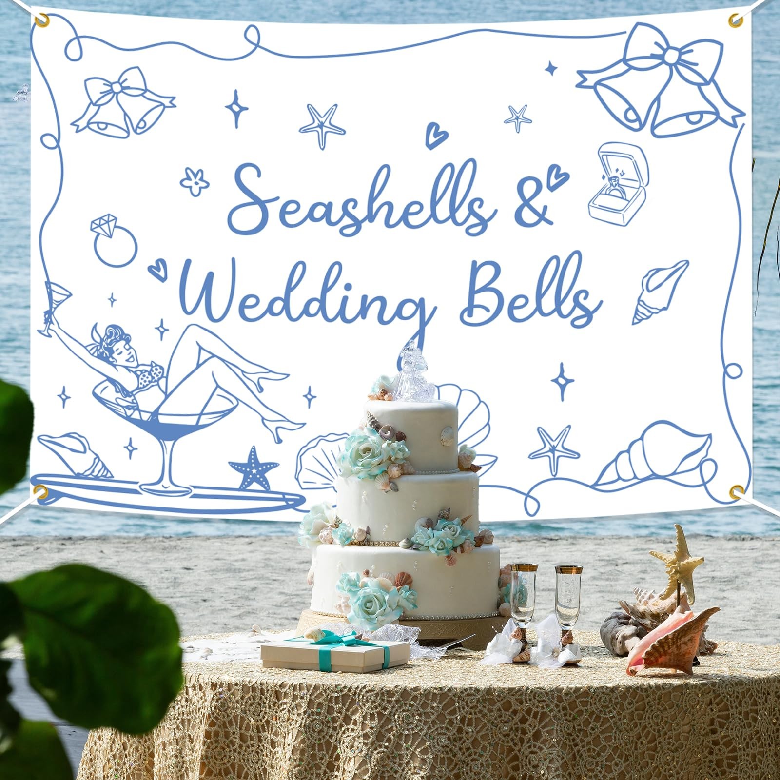 Seashells & Wedding Bells Backdrop Banner – Coastal Bachelorette Party Decora…