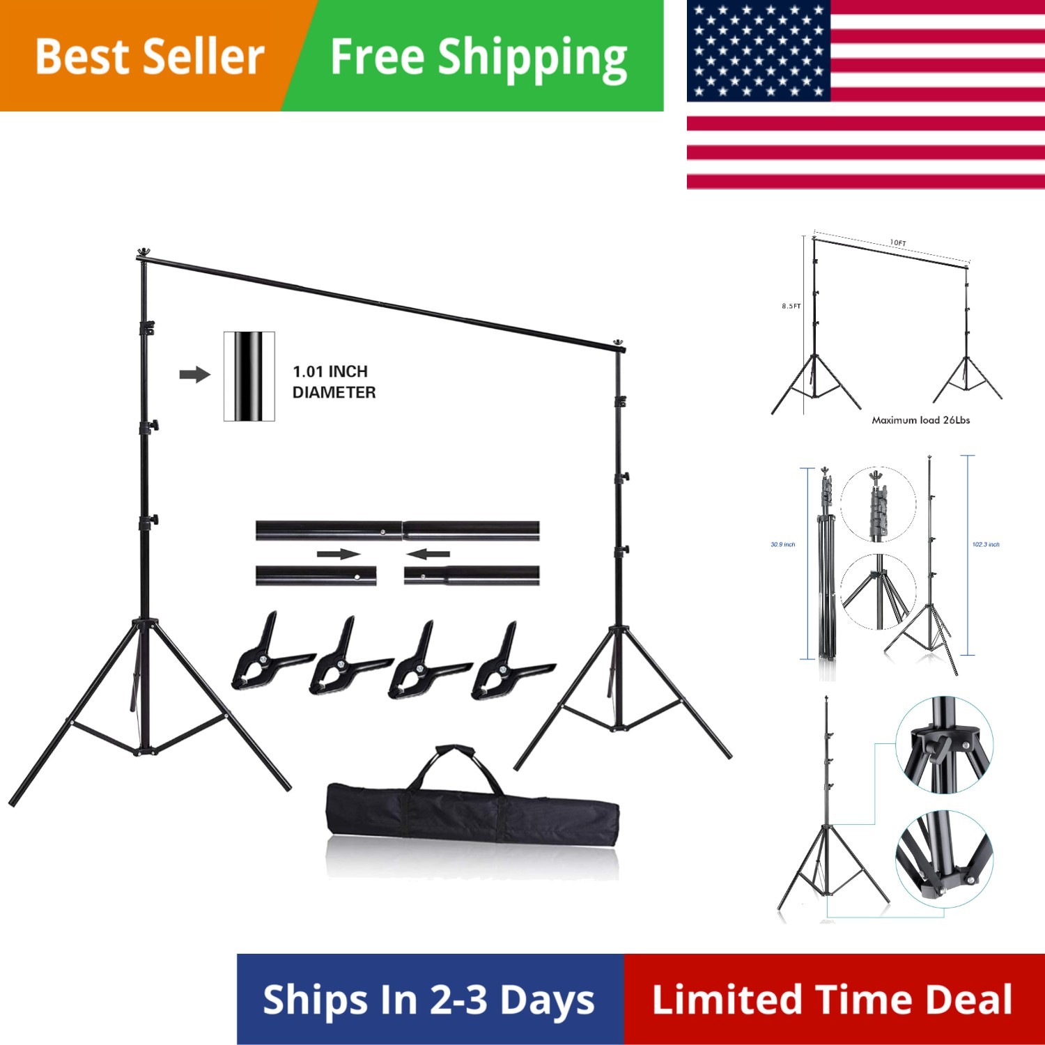 10ft x 8.5ft Adjustable Photography Backdrop Support System Photo Video Studi…