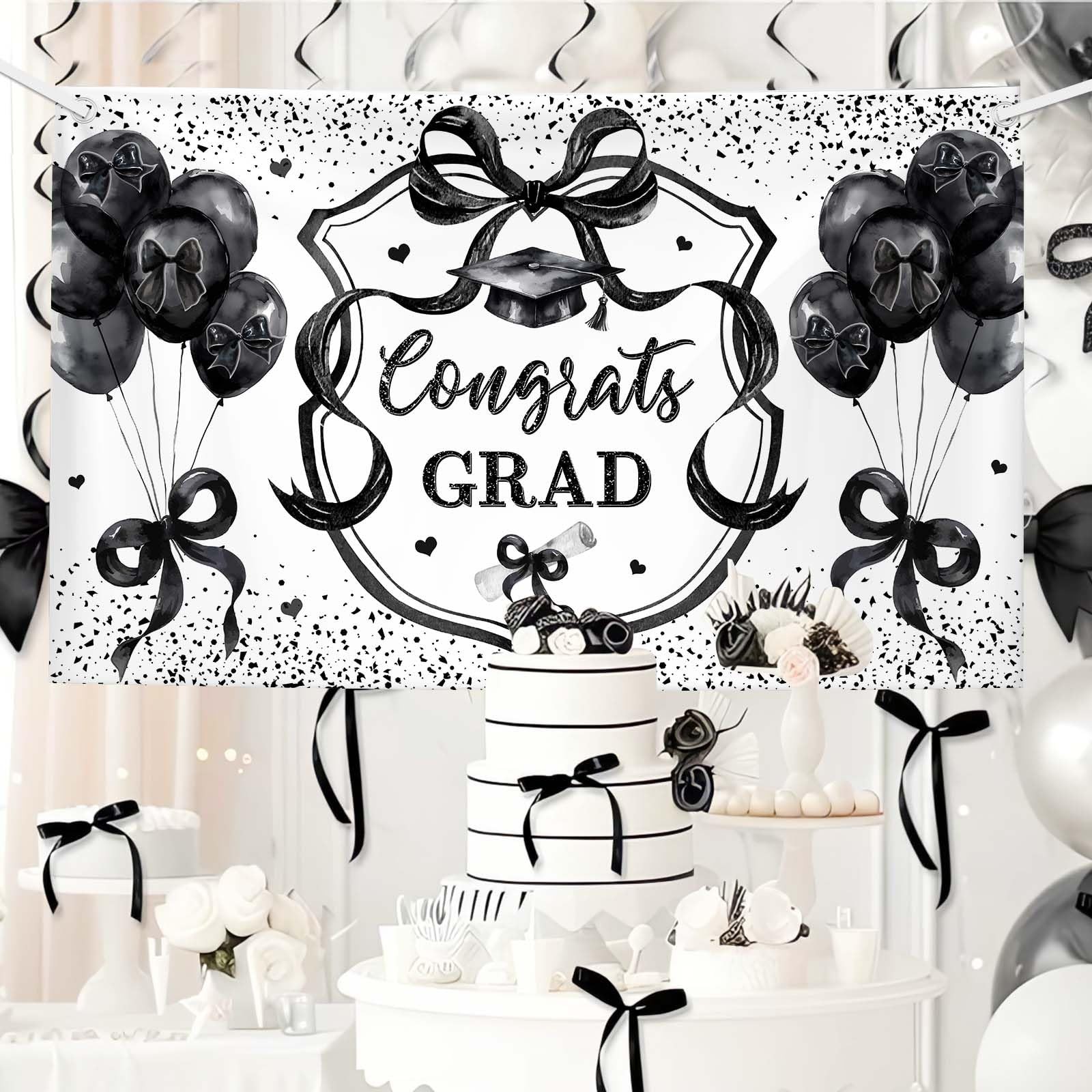 Coquette Congrats Grad Backdrop Black Bow 2026 Graduation Photography Background