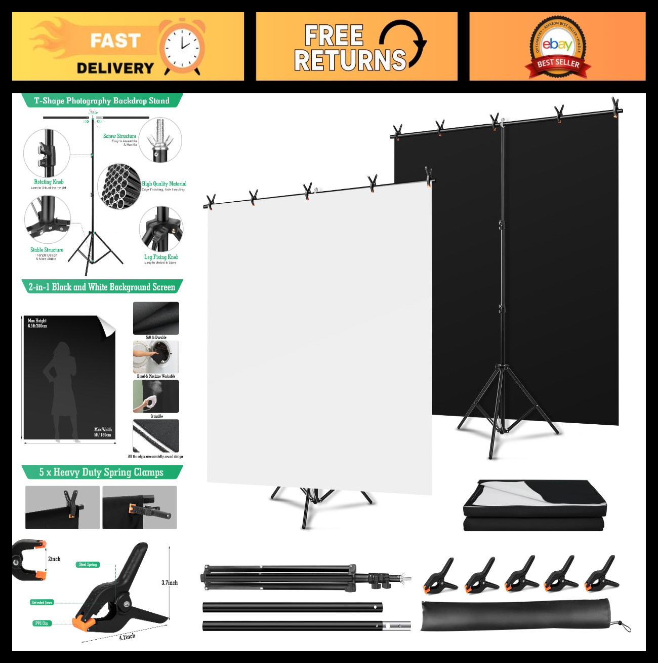 5×6.5ft Reversible Black & White Backdrop Screen Kit with T-Stand & 5 Clamps