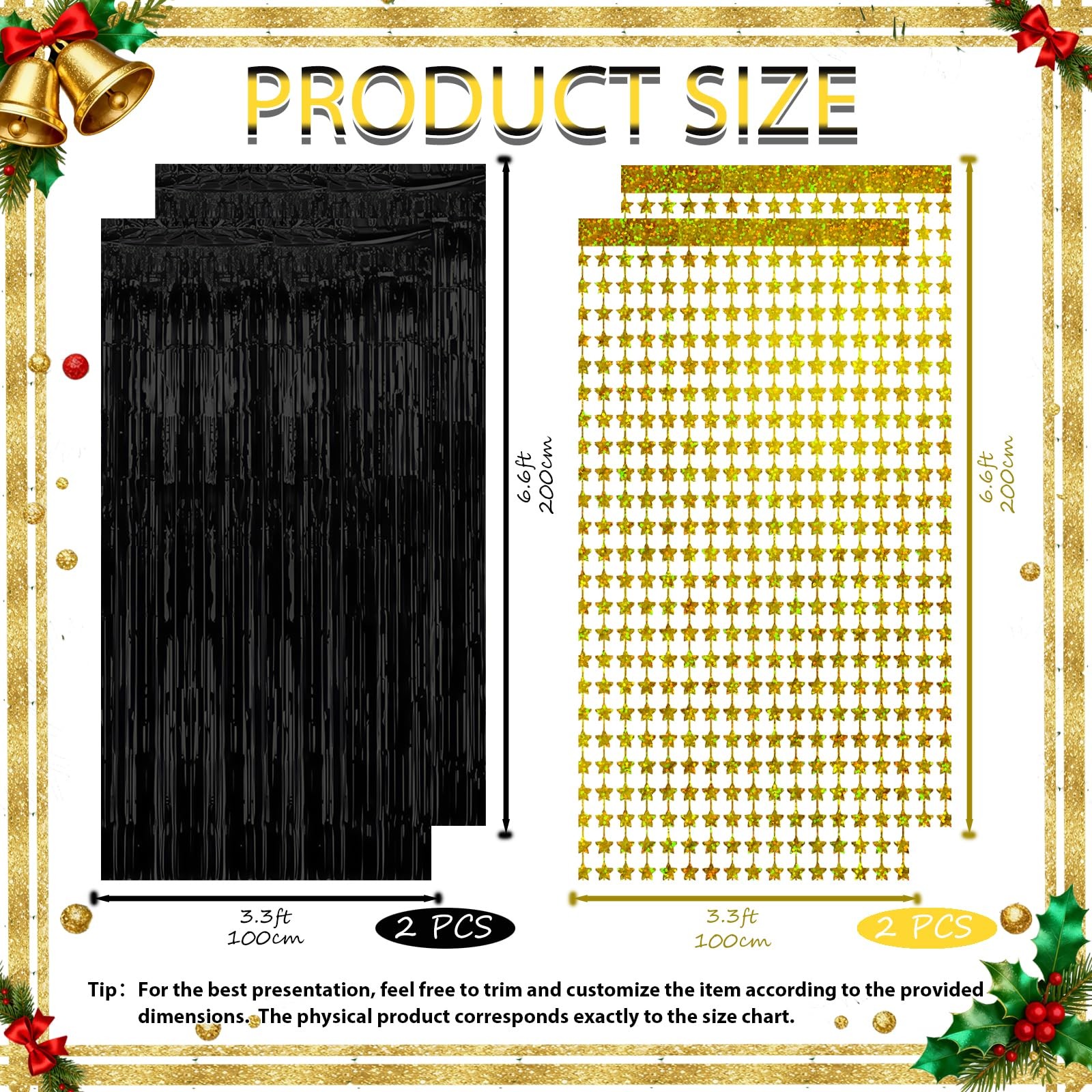 4 PCS 3.3×6.6ft Black Gold Star Tinsel Fringe Curtain Backdrop