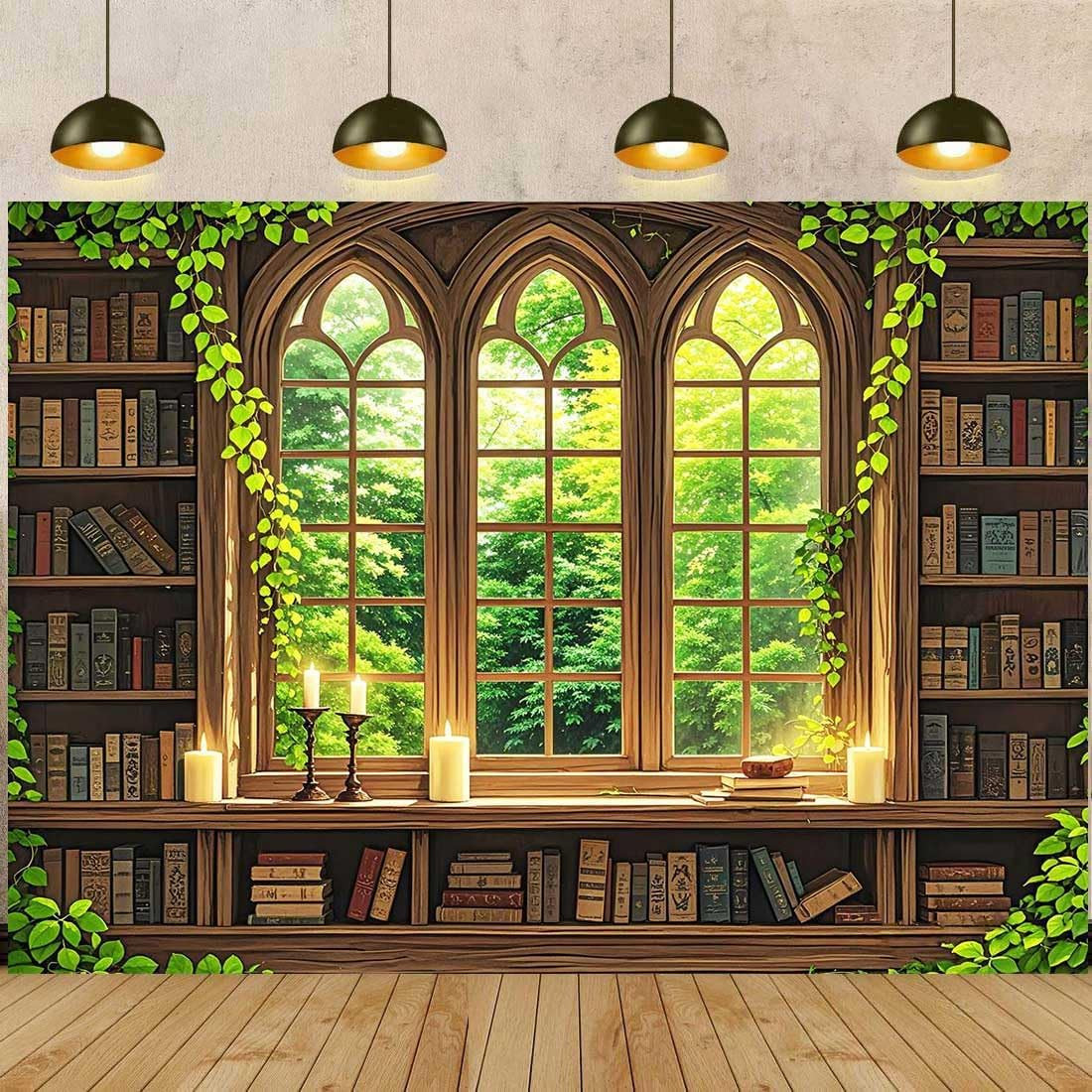 Vintage Wooden Bookshelf Backdrop for Photography Retro Library Window Green