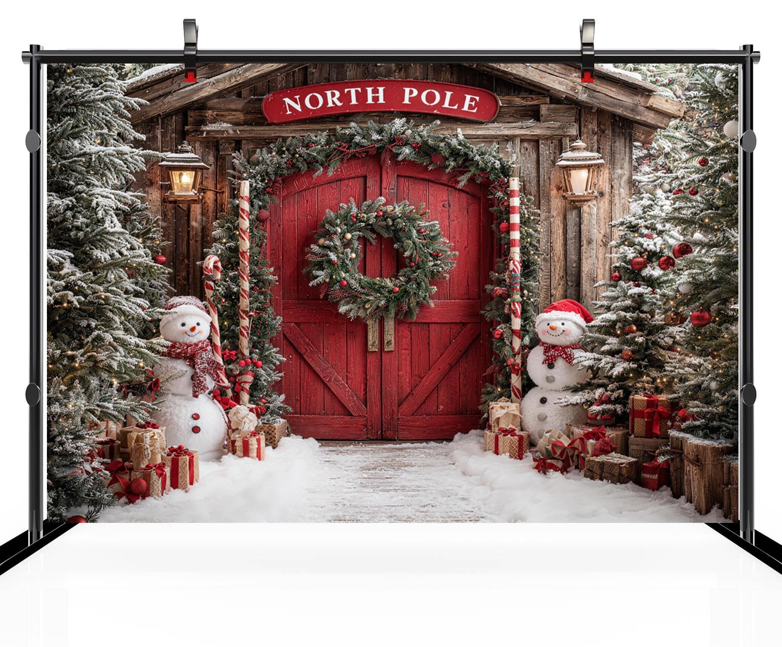 9×6 FT Christmas North Pole Backdrop Snowman Snowy Pine Forest Red Door