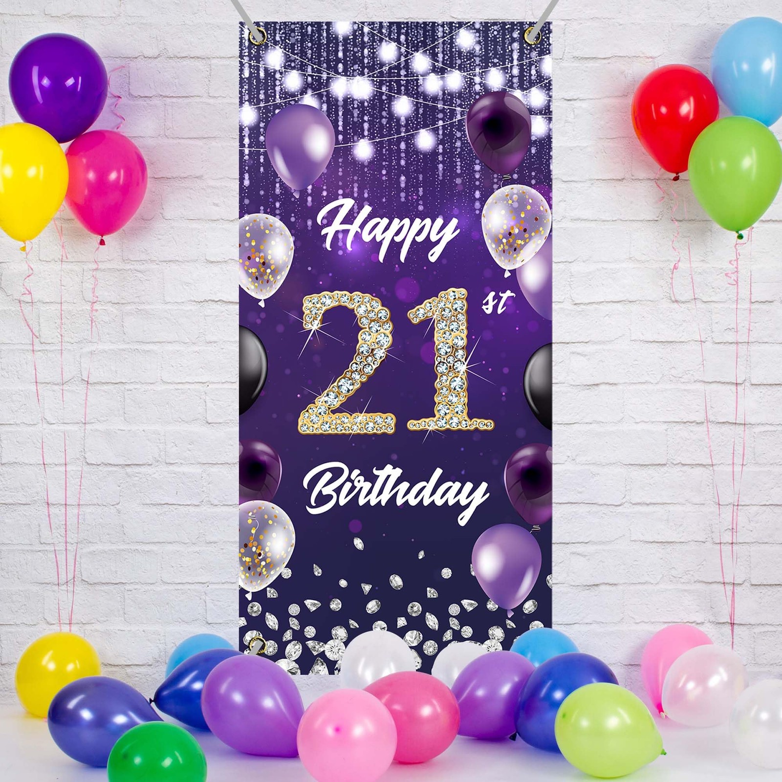 Happy 21st Birthday Backdrop Banner Purple Theme 2.95 feet x 5.98 feet, 21